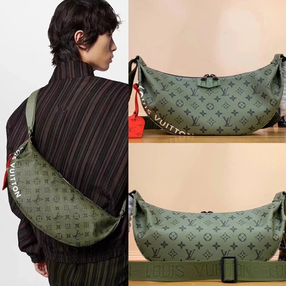 Louis Vuitton LV Men's Bag Top version 【Original Factory】M237792023Autumn and Winter New Green HAMC Men's Moon Bag Men's Chest Bag Backpack Women's Underarm Bag Selenodont Bag Hobos Original Leather One-Shoulder Crossbody Bag