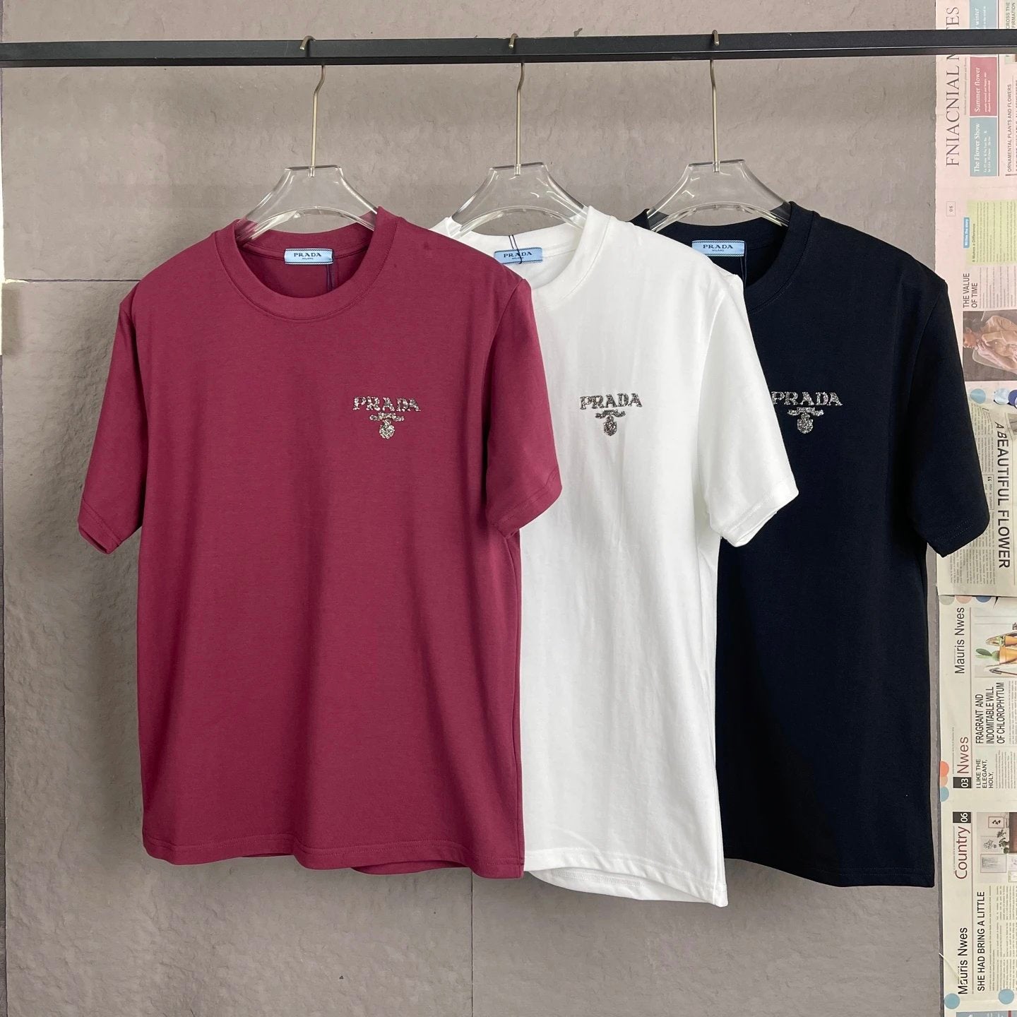 PRADA T-shirt Letter Rhinestone Embellishment on the Chest logo round Neck Short Sleeve25ss New Pure Cotton Unisex Style T T-shirt OS Loose Fit Base Shirt Half Sleeve T-Shirt Top Half Sleeve