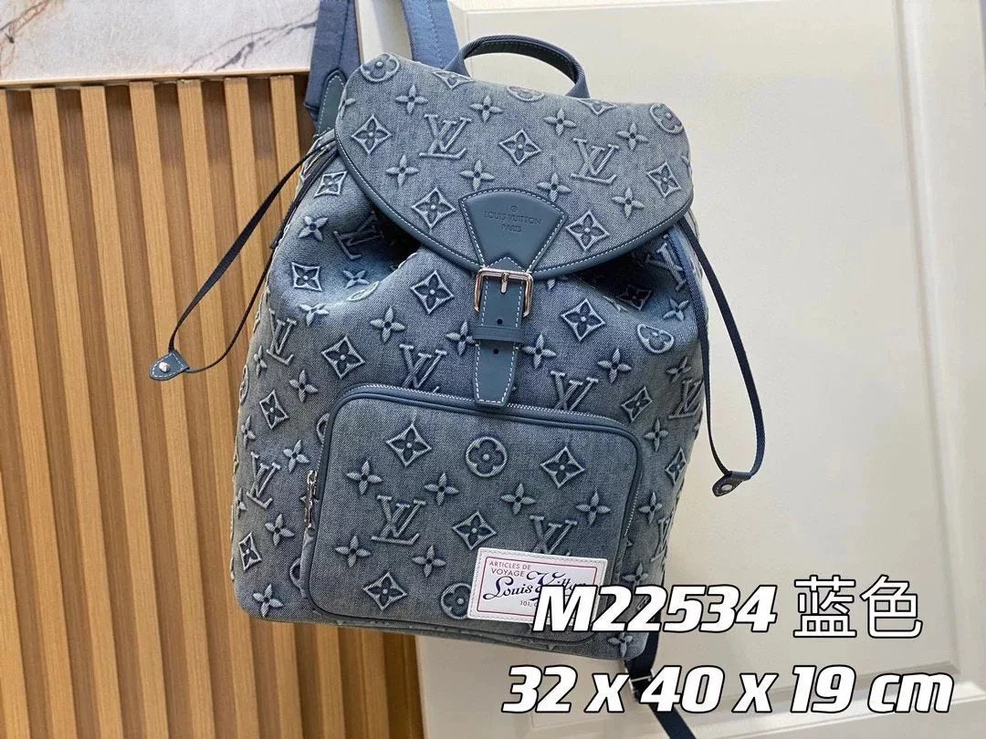 Louis Vuitton LV Backpack Top version 2023New Denim Blue Denim with Original Leather Backpackage Series Pattern Embossed Unisex Shoulder Messenger Bag Travel Travel Backpack Hiking Backpack School Bag