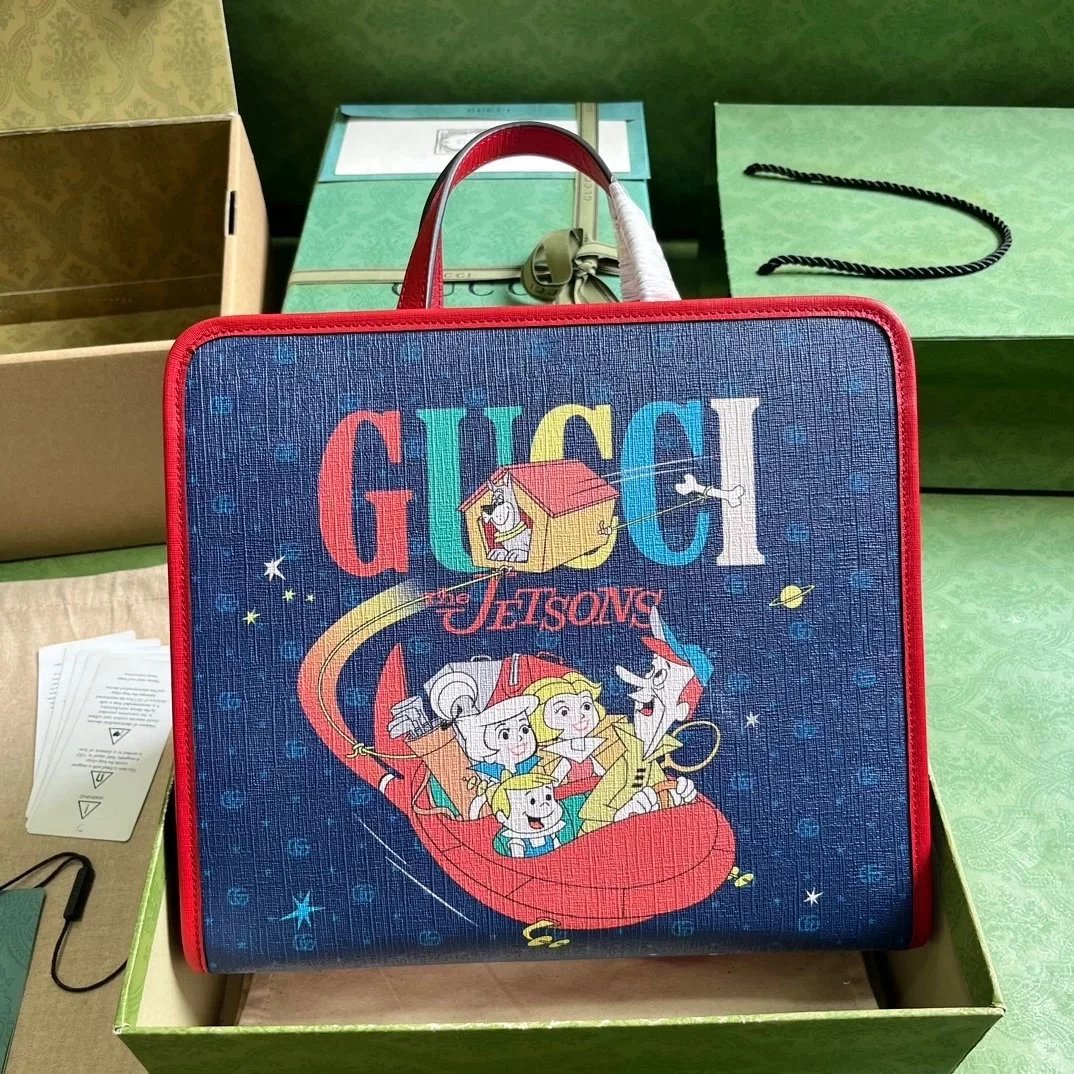 Gucci Women's Bag Top version 【**Version】2023New Children's Printing Series Tote Bag Pink Jason Pattern2024New Children's Bags Tote Package Vegetable Basket Bag605614New Sausage Dog Bichon LADYBIRD