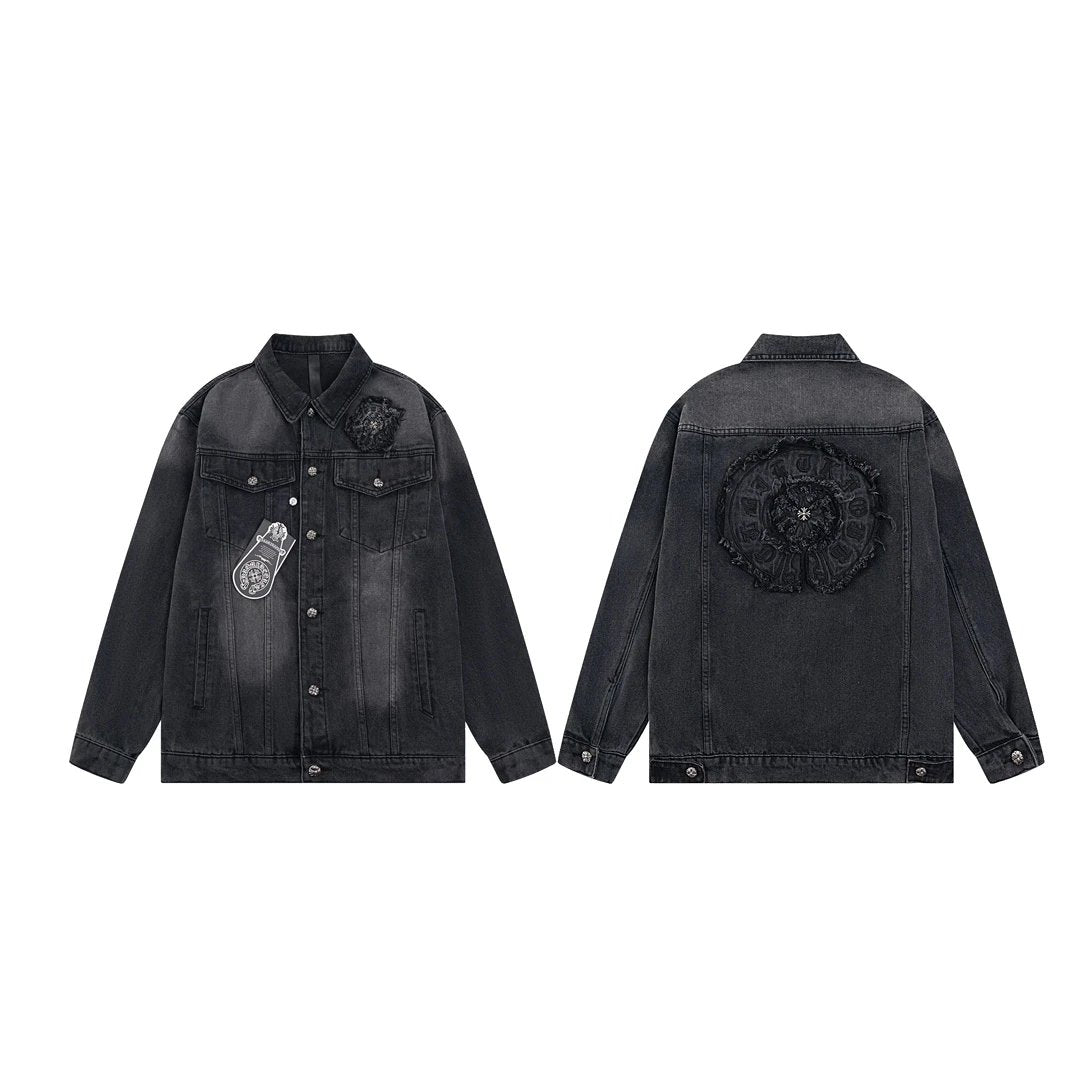 Chrome Hearts Jeans Classic Horseshoe Embroidered Denim Coat Fashionable Simple Heavy Casual Short Men and Women Same Style Washed Distressed Polo Collar Jacket