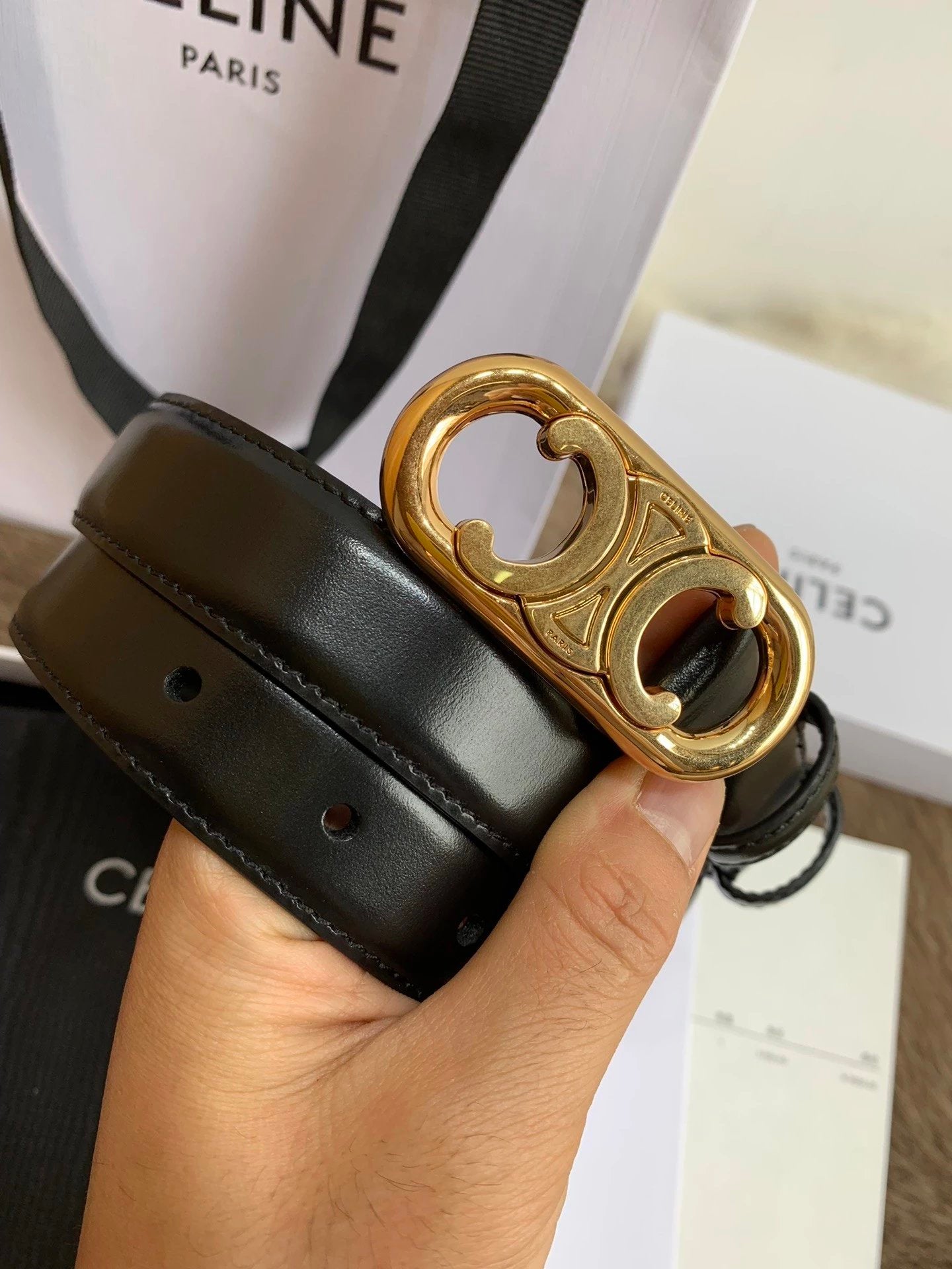Celine Belt Top version Goods Belt Belt Female Arc De Triomphe Belt Arc De Triomphe Belt Black Retro Hair Style Belt Bright Gold Head Belt Belt Double-Sided Belt Women's Belt Women's Belt Belt Women's Belt2.5Belt Women's Belt Belt