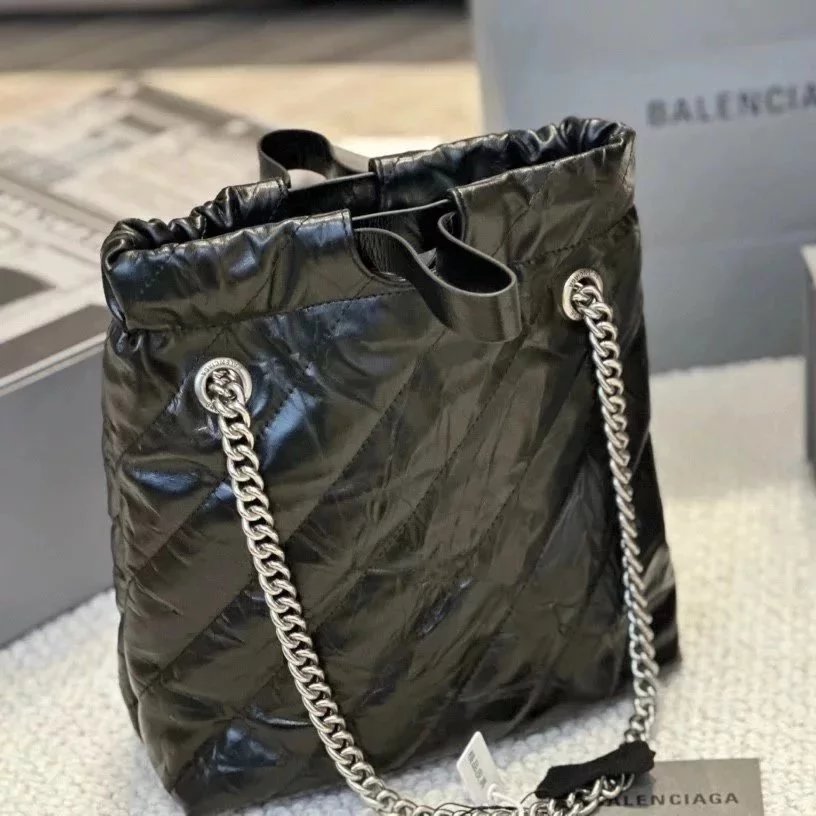 Balenciaga Bag Top version Women's Bag2024Spring New CRUSH Chain Bag Small Size Quilted Cowhide Tote Garbage Bag Bucket Bag Commuter Shoulder Messenger Bag