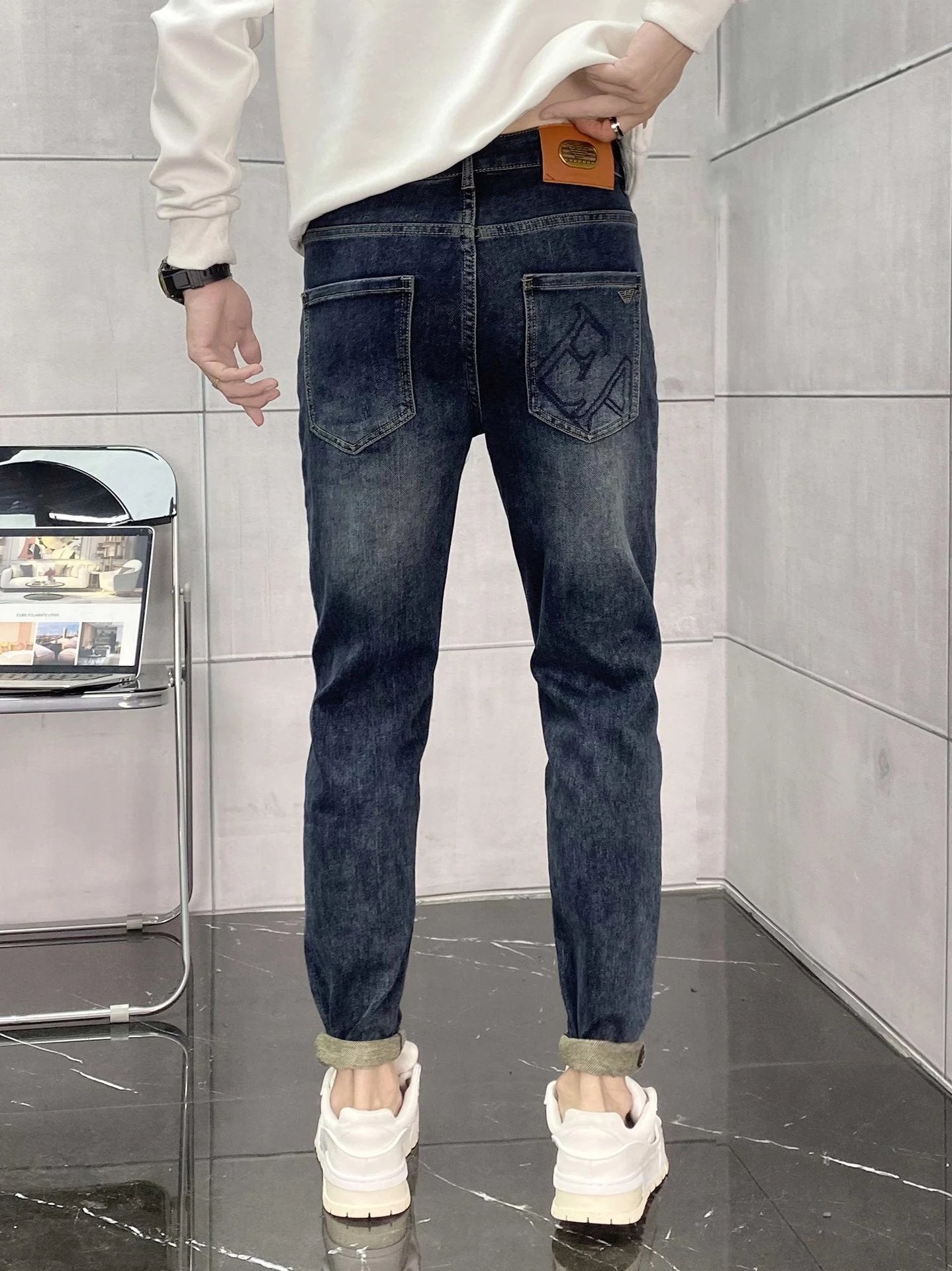 Armani Jeans Back Waist Leather Tag logo Straight Washed Blue Jeans Autumn Winter New Unisex Loose Casual Wide Leg High Waist Pants