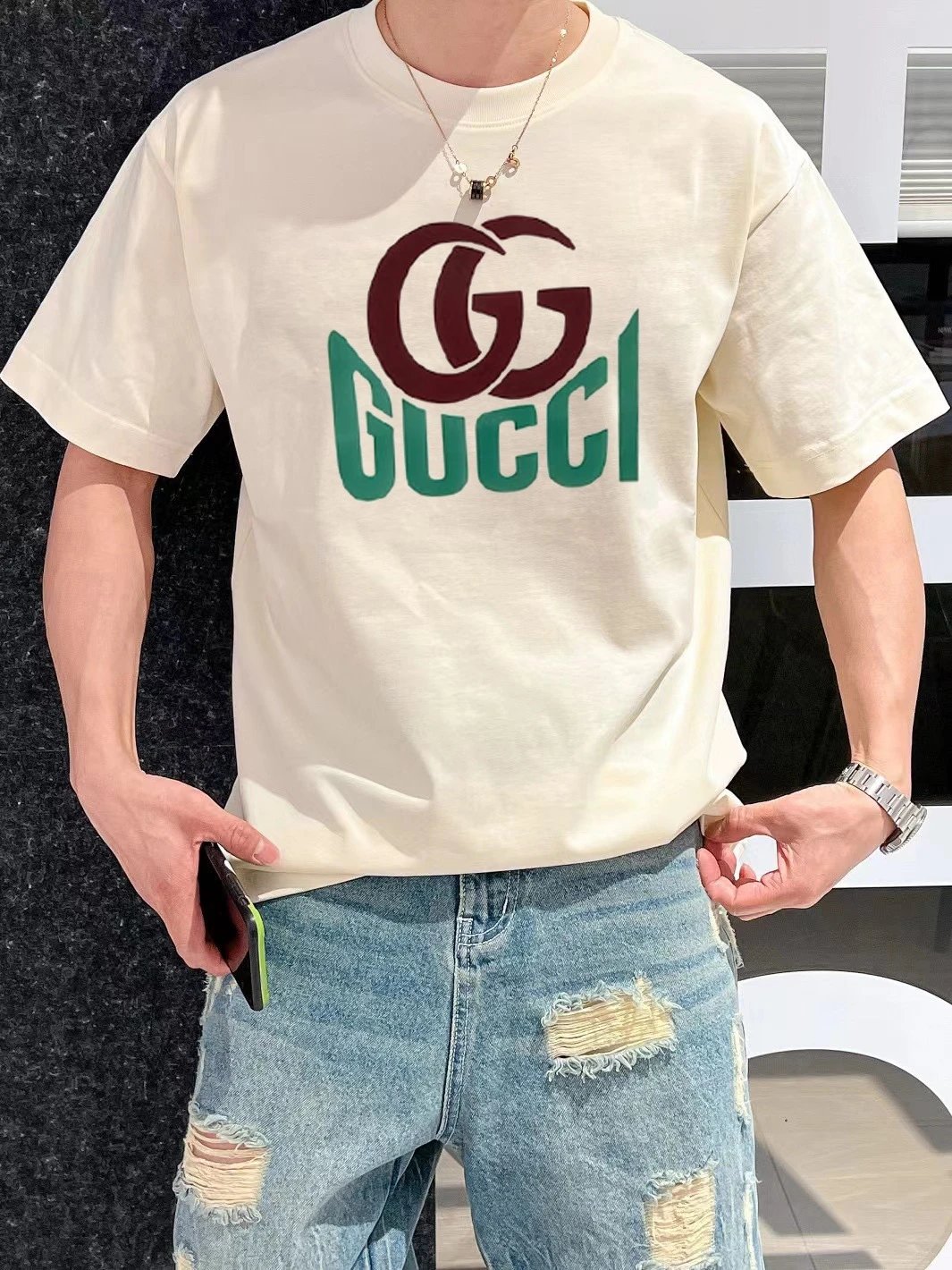 Gucci T-shirt Red and Green Double G Wow Glue Thick Board logo round Neck Short Sleeve25ss New Pure Cotton Unisex Style T T-shirt OS Loose Fit Base Shirt Top Half Sleeve T-Shirt