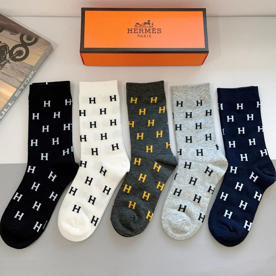 Hermes Sock 【a Box5Double】Classic Jacquard logo Breathable and Stylish Pure Cotton Mid-Calf Socks25ss New Cotton Socks Thin Business Sports Casual Spring Summer Autumn Versatile Deodorant Sweat-Absorbing