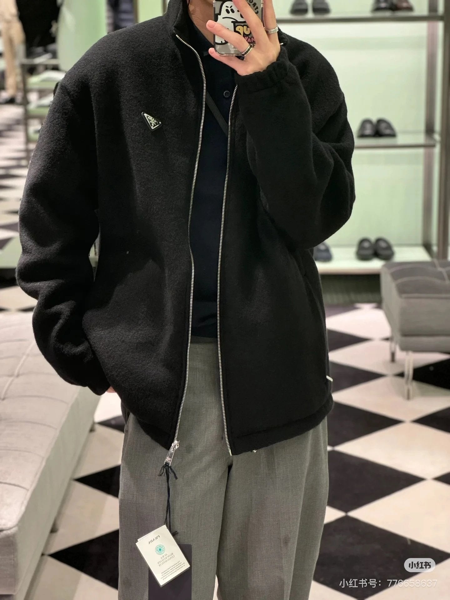 PRADA Jackets Triangle Logo Reversible Fleece Jacket for Men and Women, New Autumn Winter Sports Casual Loose Fit Versatile