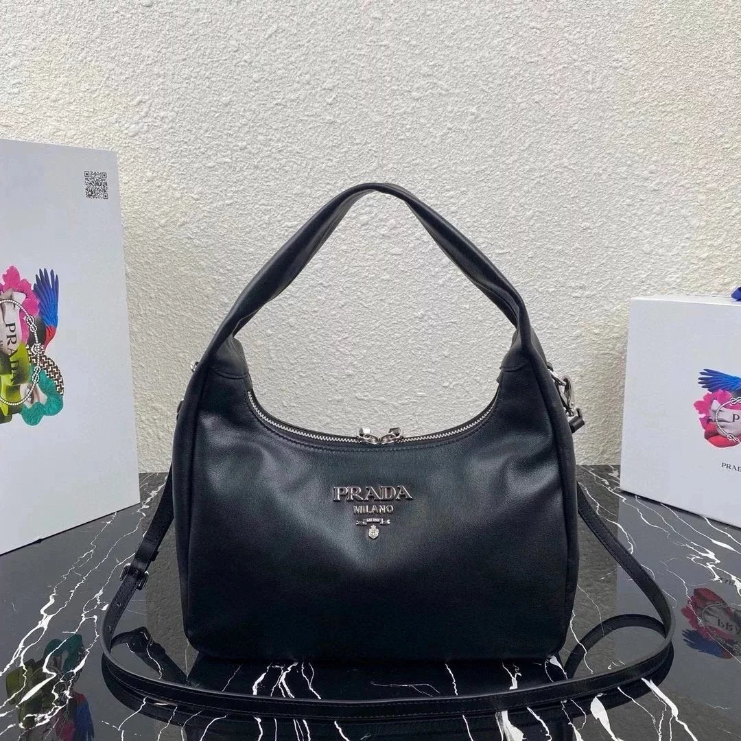 PRADA Bag Top version 2020Autumn and Winter New Hobo Series Retro Style Full Leather Messenger Bag Shoulder Bag Underarm Bag Handbag Women's Bag Women's Bag1BC132