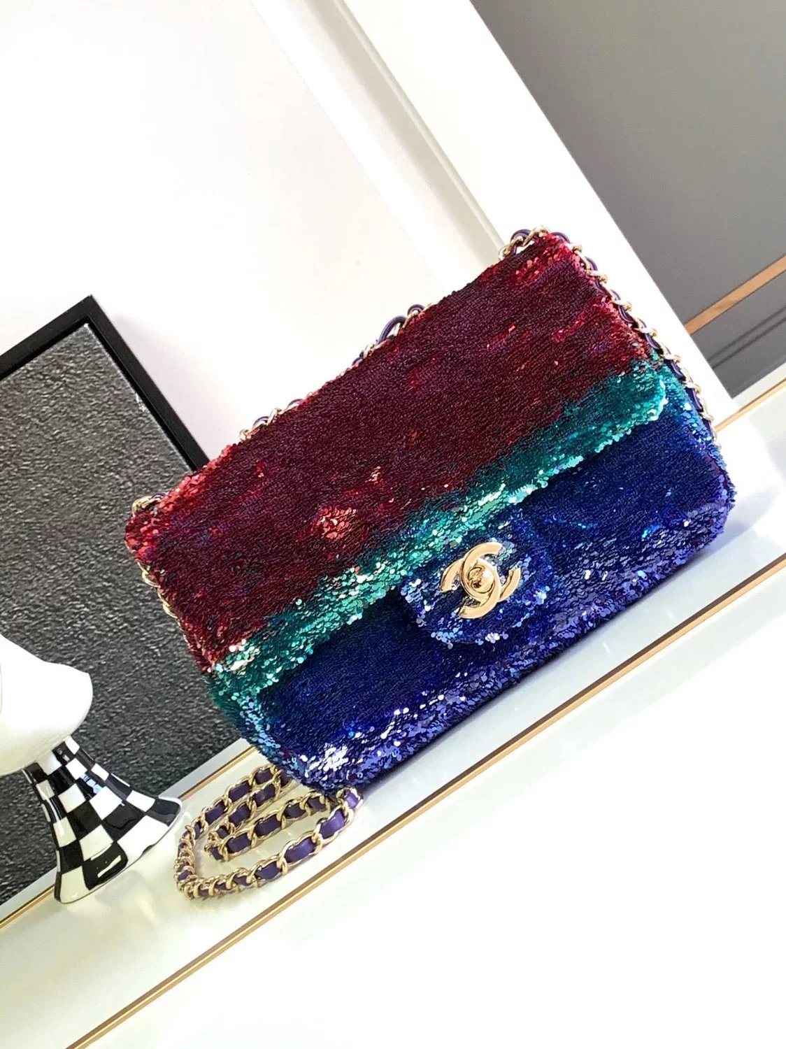 Chanel Women's Bag Top version 【Premium Top Version】24C Handmade CF Colorful Gradient Sequin Bag2024Disco Style CF Flap Bag Sequins Pack