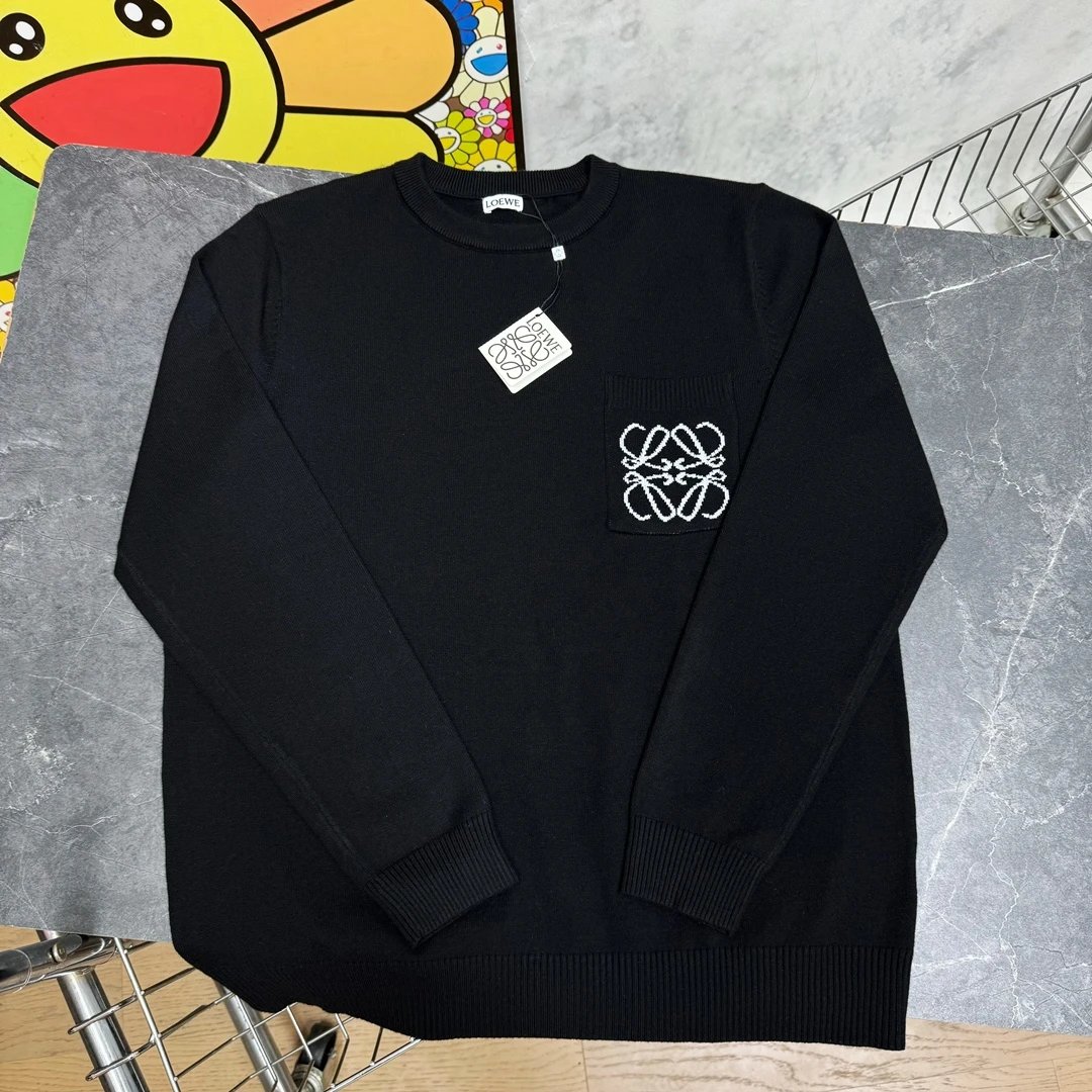LOEWE Sweater Pocket Logo Crew Neck Knit Sweater700Kegao Heavy Cashmere Sweater Casual Loose Versatile Pullover Sweater os Versatile Inner Layer Top Unisex24ss Autumn and Winter New Products