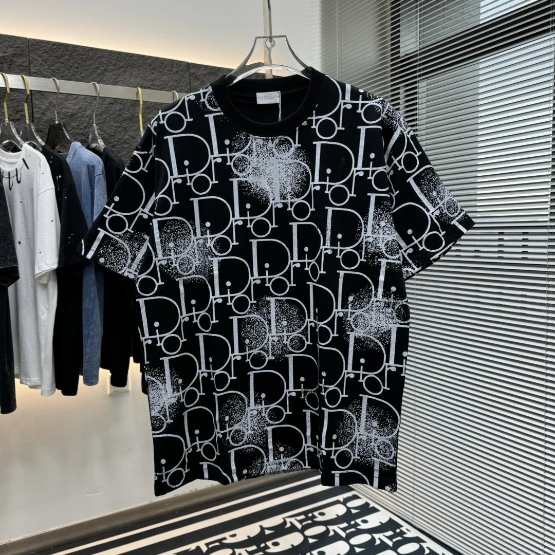 Dior T-shirt Allover Screen Printing logo round Neck Short Sleeve25ss New Pure Cotton Unisex Style T Casual T-Shirt Base Layer Shirt OS Loose Fit Half Sleeve Top Plus Size