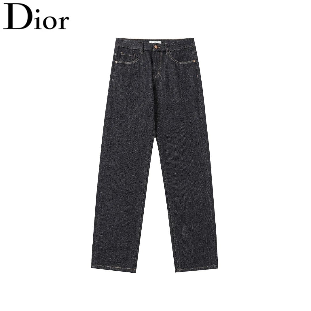 Dior Jeans Back Waist Leather Tag logo Straight Washed Blue Jeans Autumn Winter New Unisex Loose Casual Wide Leg High Waist Pants