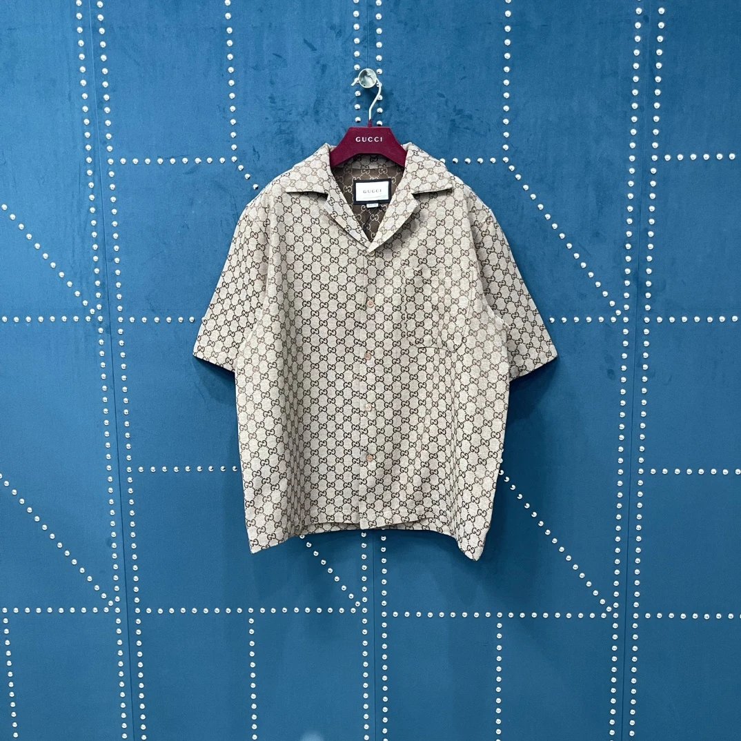 Gucci T-shirt Full Print Double G Small Jacquard logo Shijia Turn-down Collar Short Sleeve Shirt Unisex Versatile Business Casual Slim Fit Jacket