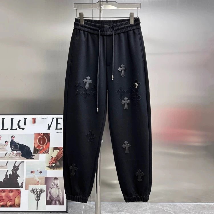 Chrome Hearts Sweatpants Top Version High Version Sanskrit Sweatpants Men's Ankle-Tied Ripped Cross Skin Patch Autumn and Winter Casual Sports Trousers