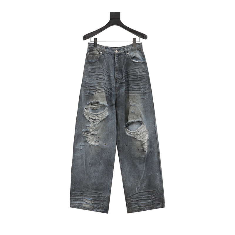 Balenciaga Jeans Hidden Dyed Dirty Ripped Denim Trousers for Men and Women