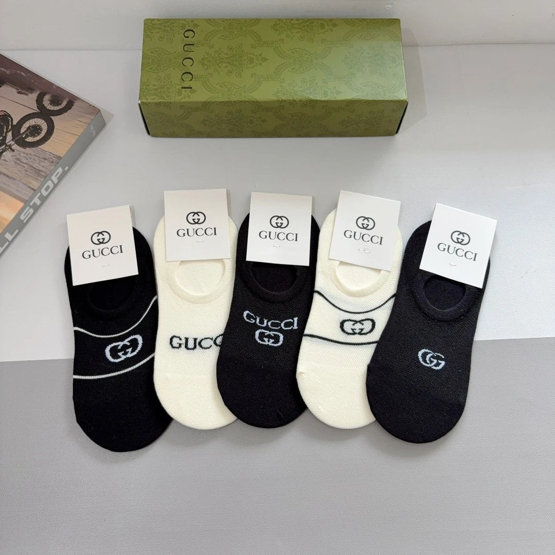 Gucci Sock 【a Box5Double】Classic Pair G Letters logo Breathable Fashion25ss New Short Cotton Socks Spring Summer Autumn Thin Business Sports Casual Versatile Deodorant Sweat-Absorbing