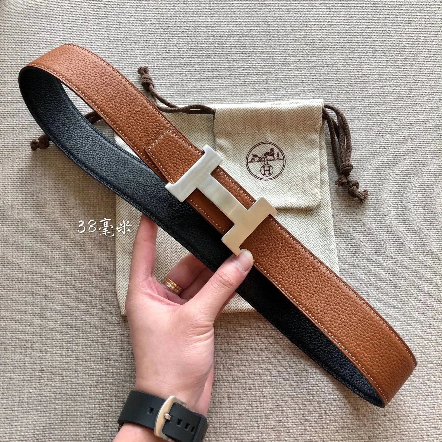 Hermes Belt Top version Belt Men's Leather Belt Genuine Leather Double-Sided Belt Italy Imported First Layer Cowhide Business Casual Match Pure Original Leather Fine Steel Buckle Unisex3.8cm