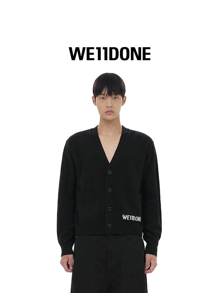 We11done Jackets Top Version Wool Knit Cardigan Jacquard Letters LOGO Pocket Sweater Coat