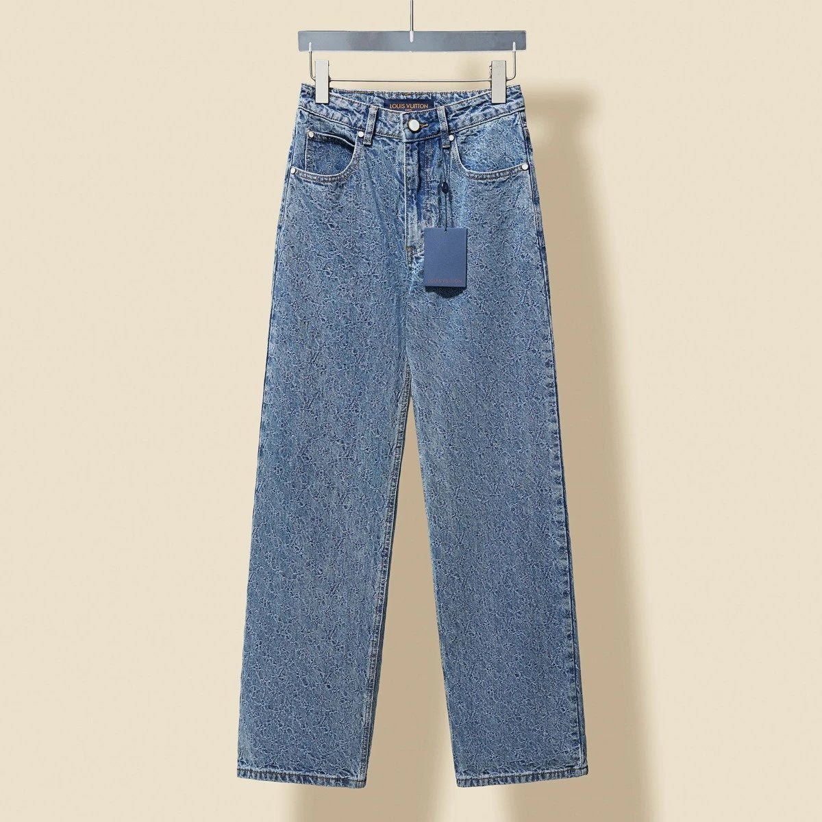 Louis Vuitton LV Jeans Jacquard Fabric Letter Straight Washed Blue Jeans Autumn Winter New Unisex Loose Casual Wide Leg High Waist Pants