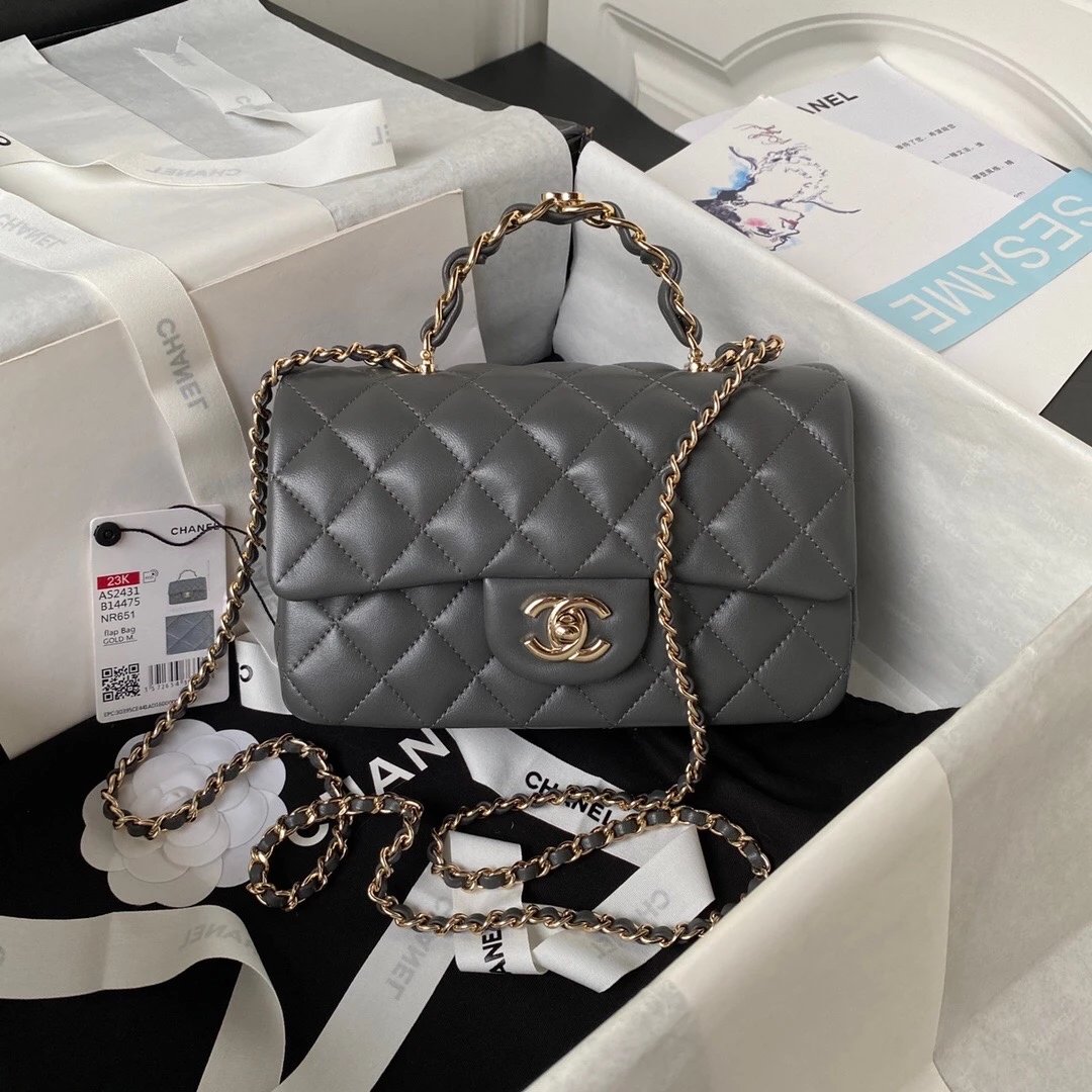 Chanel Women's Bag Top version 【**Original Leather】chanel23k New Handle cfmini Sheepskin AS2431Flap Bag Pairs of Lambskin C Handle Portable CF Bag