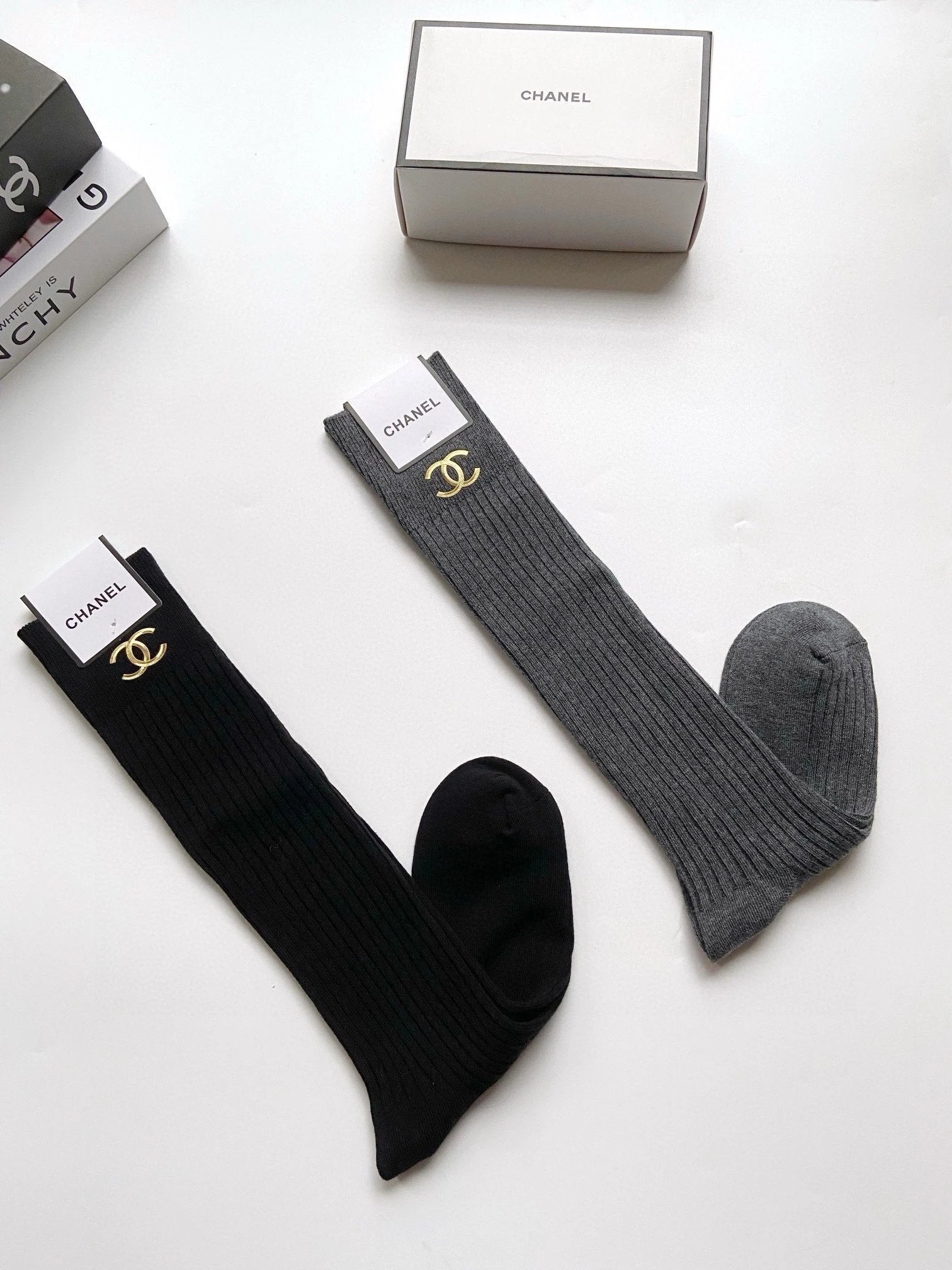 Chanel Sock With box【One Box and One Pair】l Classic Double C Letters logo Purified Cotton Stockings Calf Socks