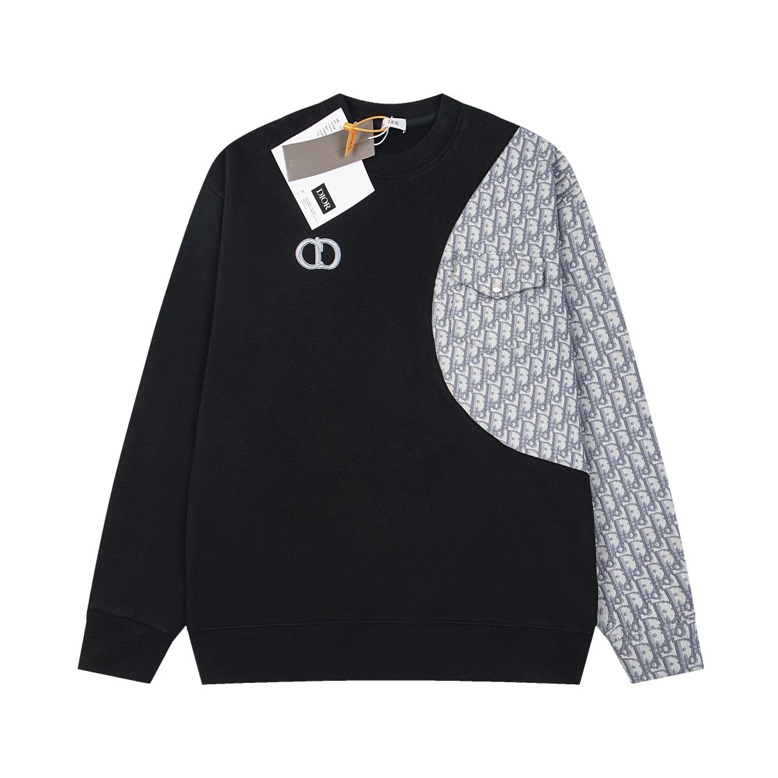 Dior Hoodie Stitching Old Pattern Cloth Embroidery Crew Neck Sweater Coat Men and Women Same Style Winter Casual All-Matching