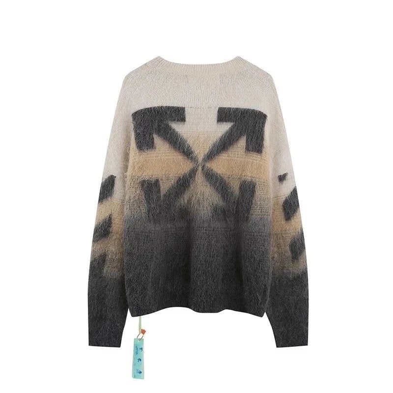 OFF-White Sweater Top Version Verified Quality Sweater Pullover Black and White Arrow Gradient Mohair Autumn and Winter Rendering Knitted Men and Women