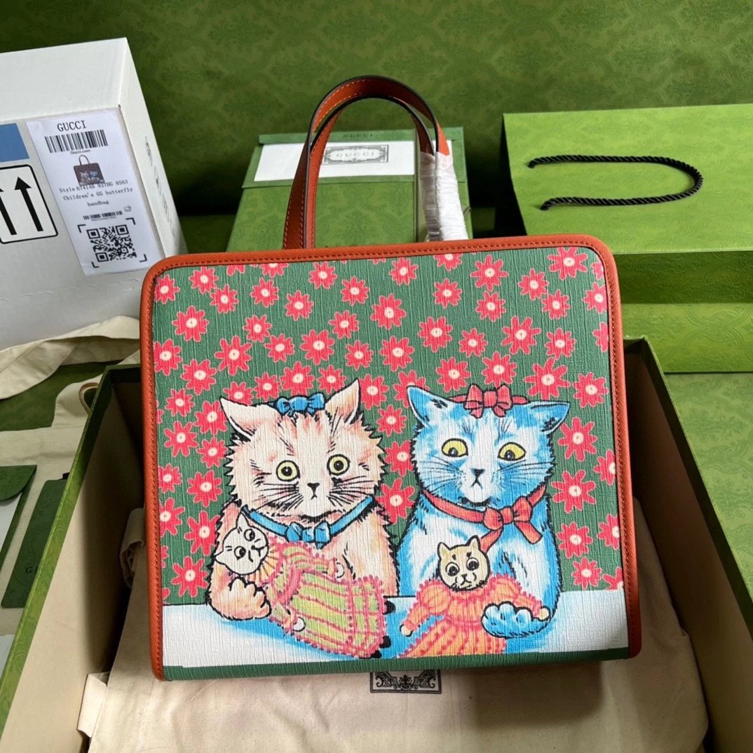 Gucci Women's Bag Top version 【**Version】2023New Children's Printing Series Tote Bag Pink Jason Pattern2024New Children's Bags Tote Package Vegetable Basket Bag605614New Sausage Dog Bichon LADYBIRD