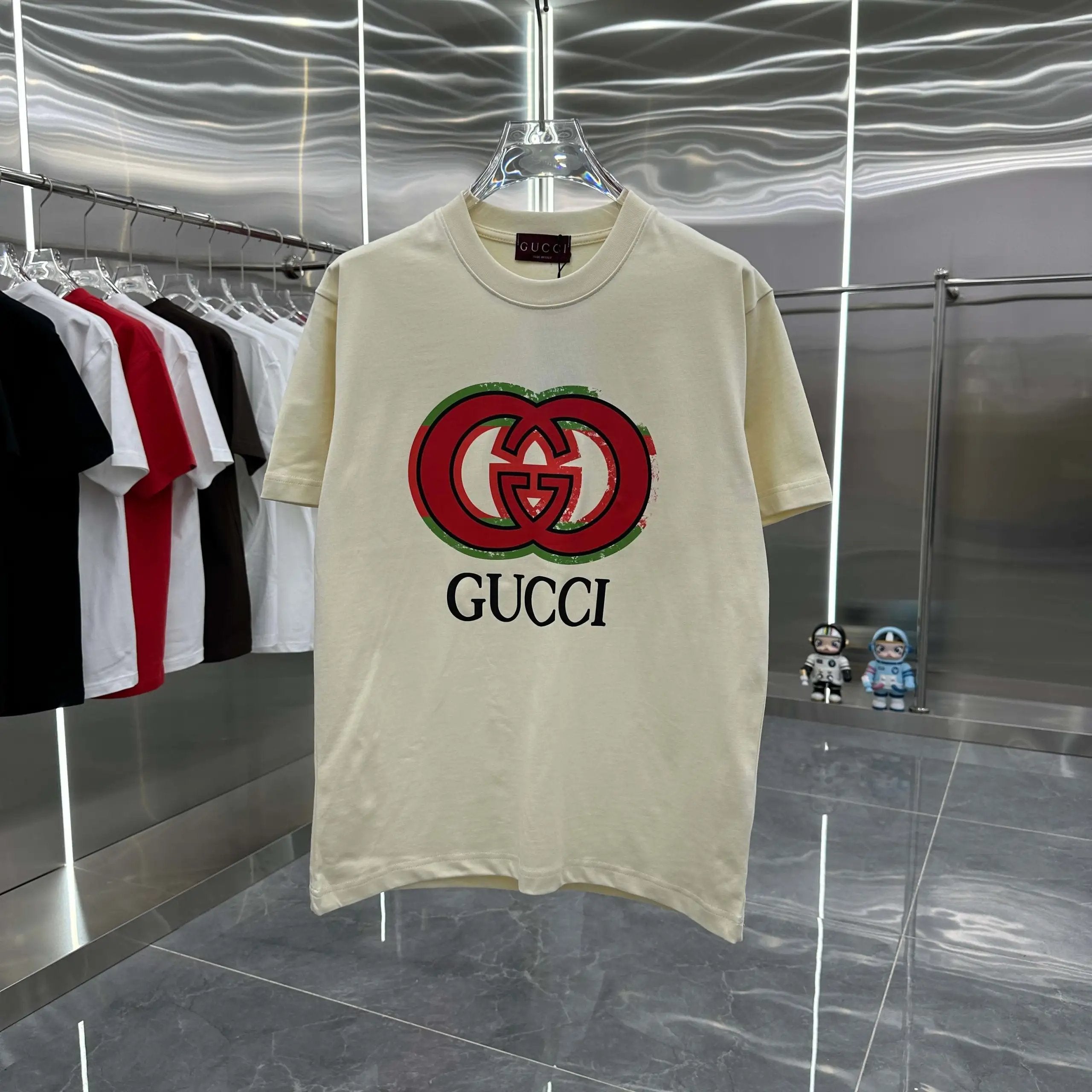 Gucci T-shirt Double Button Front Personality Print Round Neck Short Sleeve25ss New Pure Cotton Unisex Style T T-shirt OS Loose Fit Base Shirt Short Sleeve Top T-Shirt