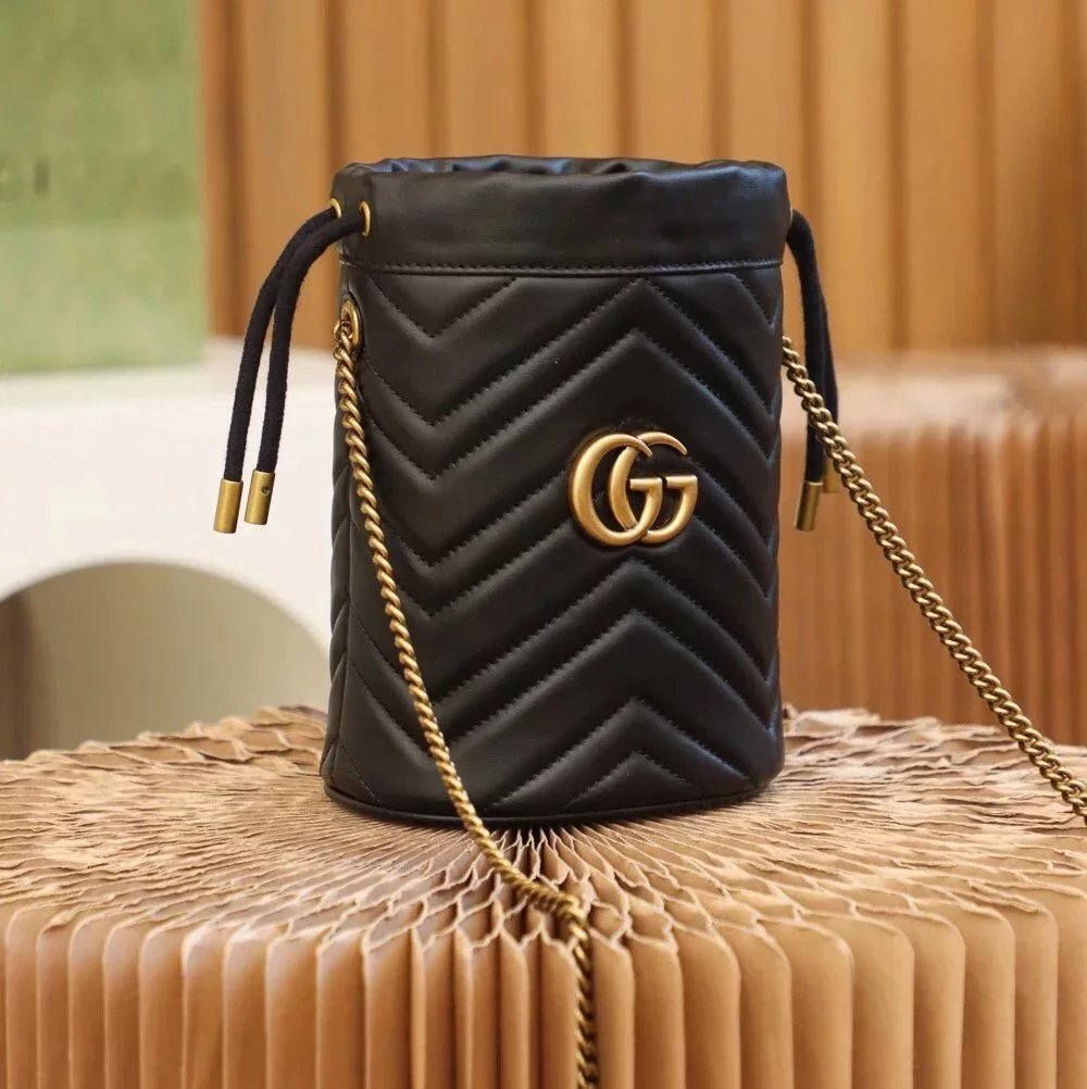 Gucci Women's Bag Top version 【Genuine Goods Leather】2022New Marmontmini Bucket Bag Ma Meng Mini Small Bucket19cm Mameng Bucket Bag Crossbody Bag Chain Bag Women's Bag