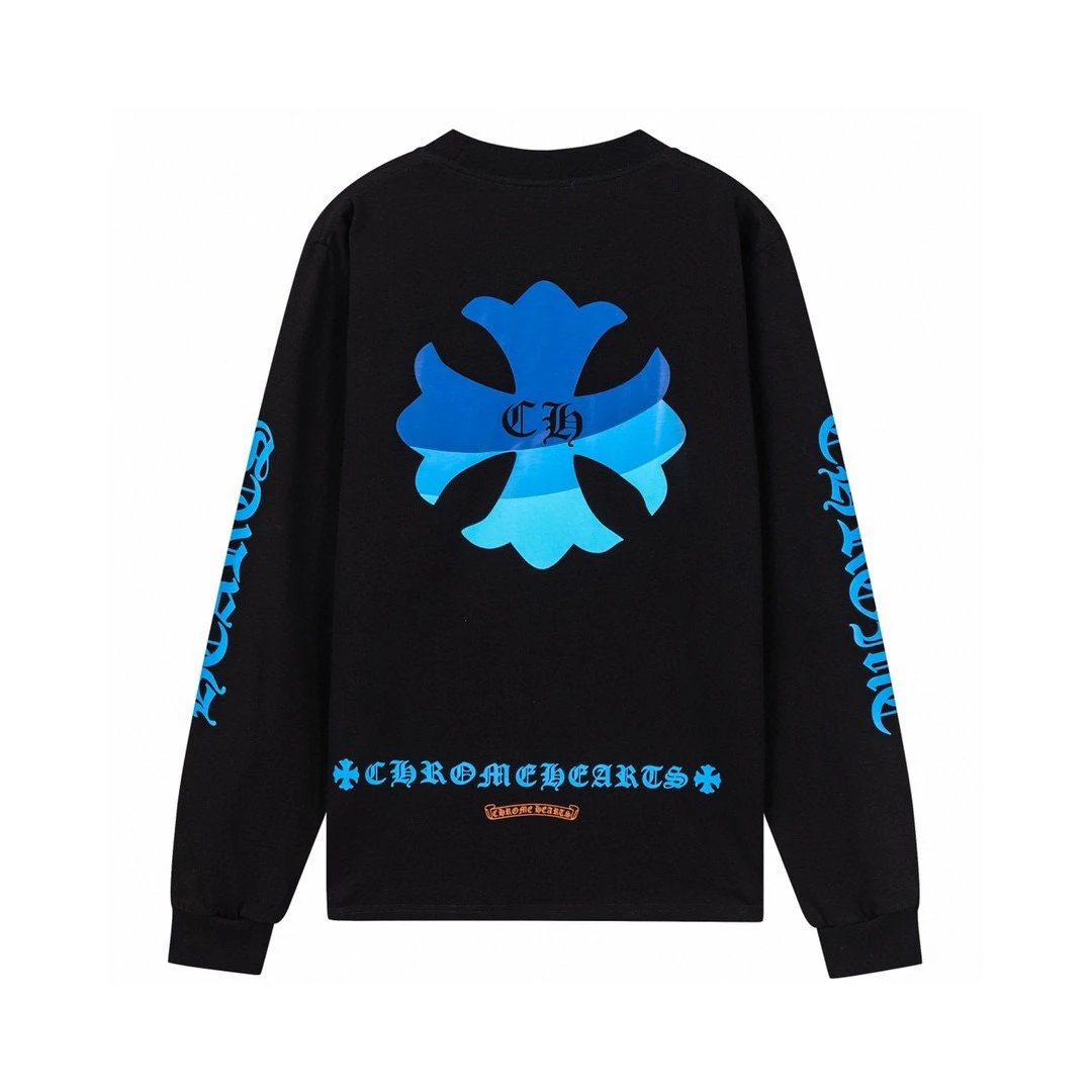 Chrome Hearts Hoodie Top Version2024New Fashion Brand Sanskrit Letter Printing Blue Letter Horseshoe Cross Pure Cotton Men's and Women's Long Sleeve T T-shirt