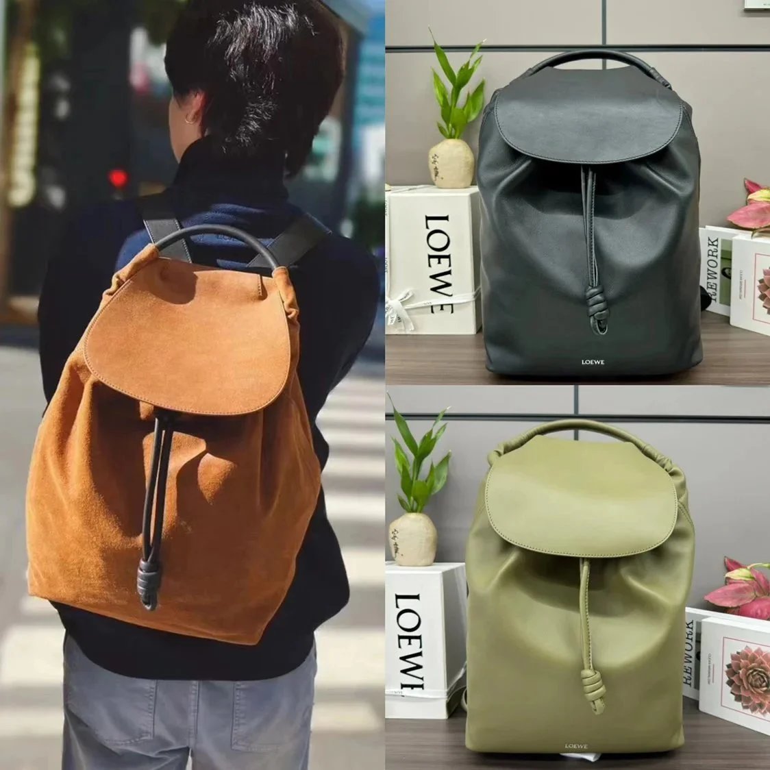 LOEWE Backpack Top version 【Matching Original Leather】24New Backpack Glossy Soft Cow Leather Flamenco Backpack Men's New Backpack Genuine Leather Backpack Casual Backpack New Men's Bag New Women's Bag Backpack Shoulder Bag Sports Bag Luggage Bag