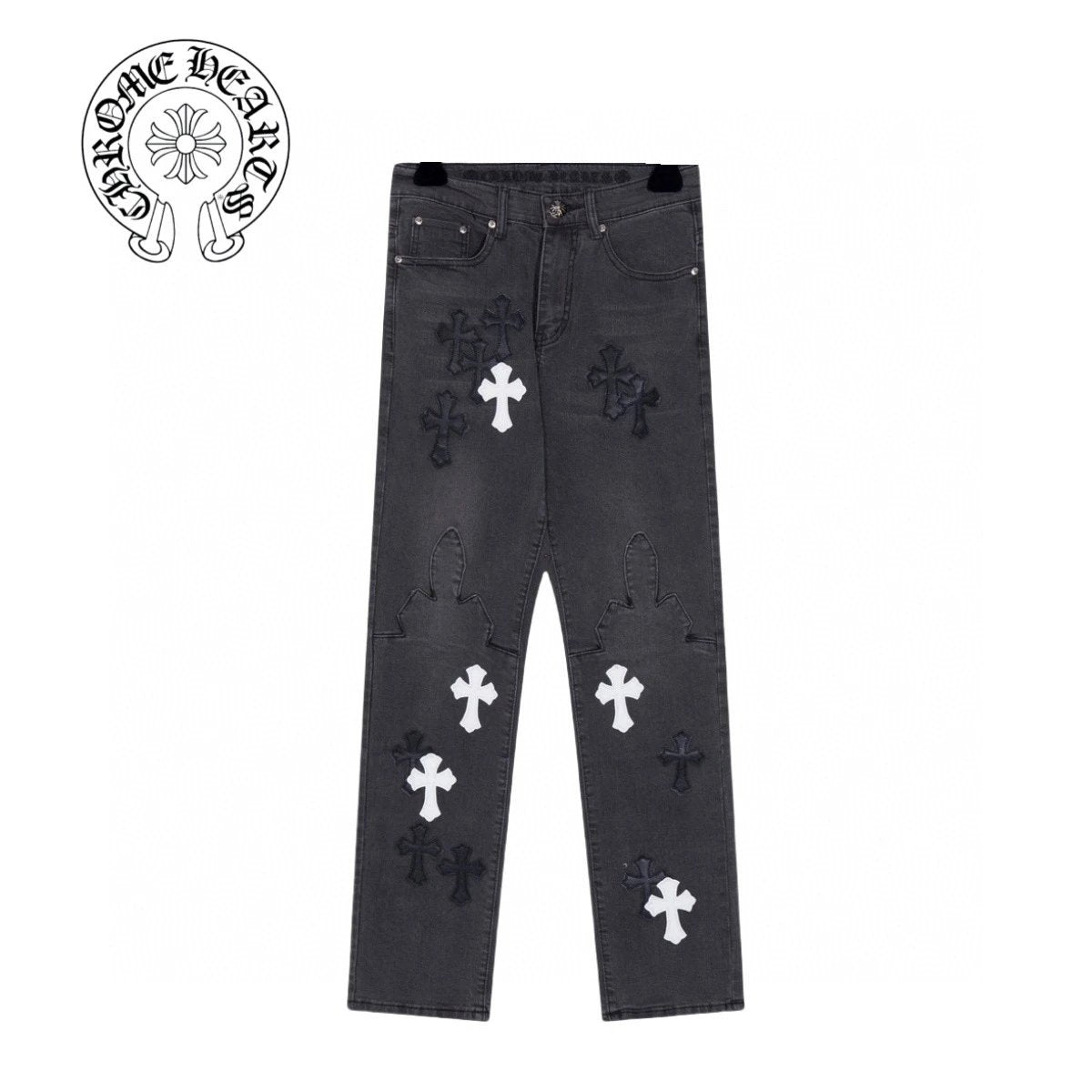 Chrome Hearts Jeans Black and White Cross Sticker logo25ss Spring Summer New Straight Loose Jeans Unisex Slim Fit Long Pants