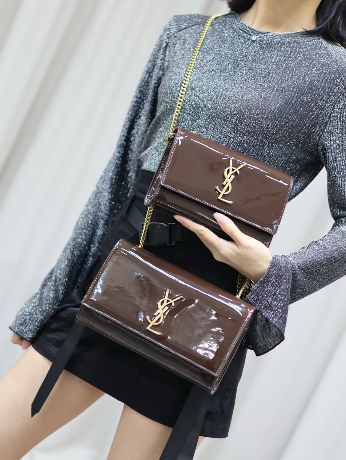 YSL Women's Bag Top version 【Super Original Leather】New Purplish Red Patent Leather KATE Chain Bag Flap Bag Counter Latest Color Purplish Red20cm Chain Bag Flap Bag kate Matte Suede Clutch24cm Envelope Package Mobile Phone Bag469390364021