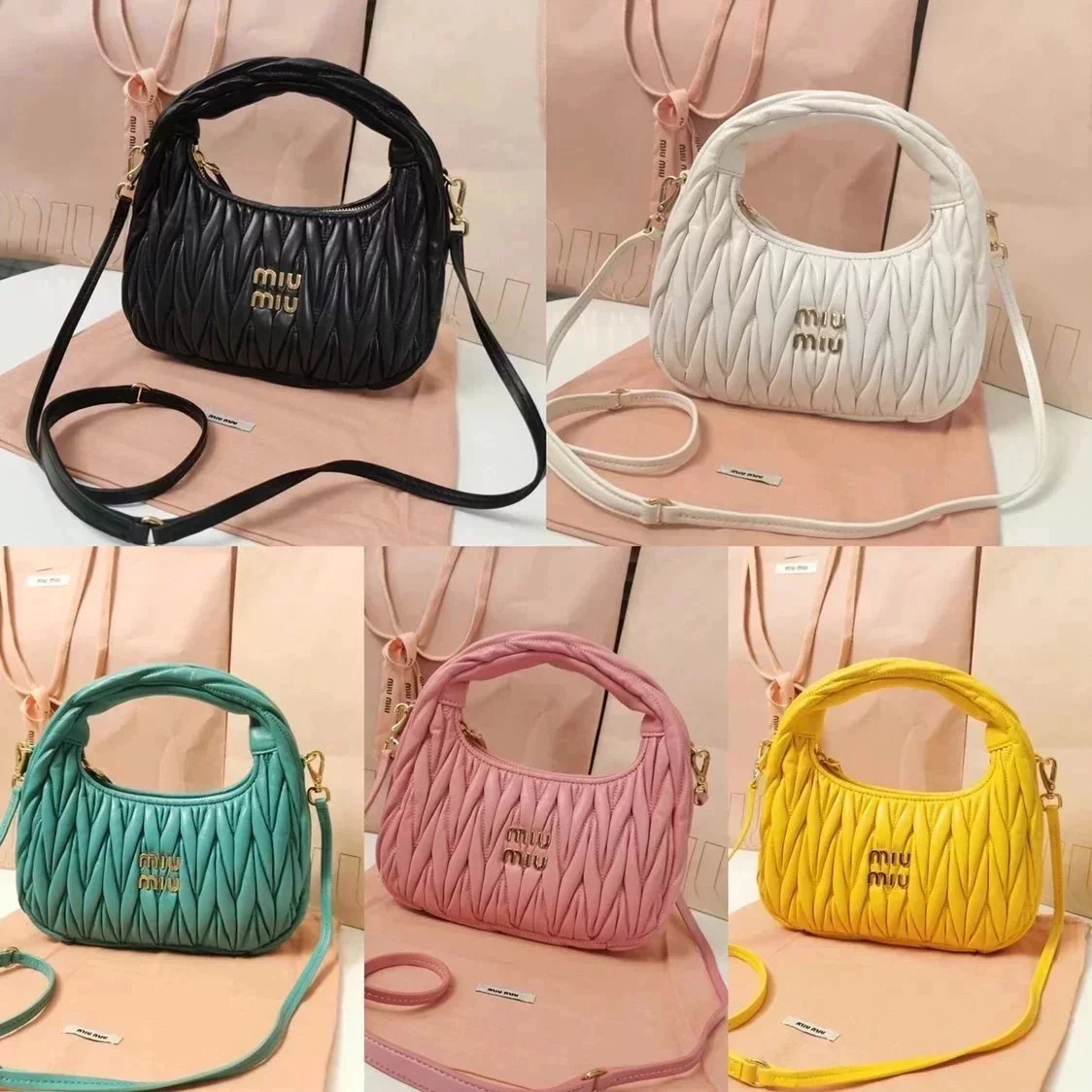 Miu Miu Bag Top version 【Original Leather High Version】New Pleated Embroidered Sheepskin Underarm Bag Clutch Wrist Bag Messenger Bag New Women's Bag Portable Vegetable Basket Bag5BC125New Product MiuWander Handbag