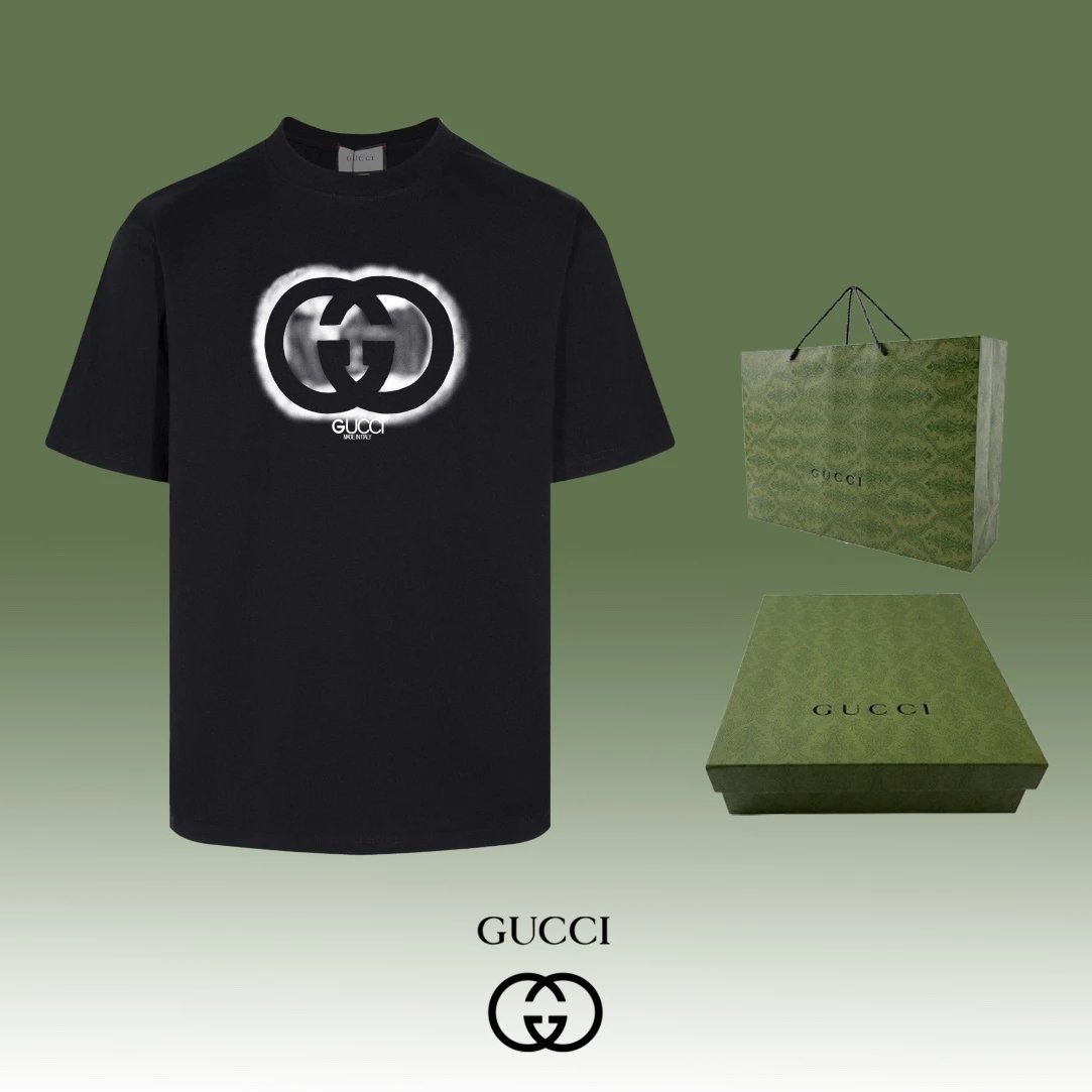 Gucci T-shirt Double-breasted G Black and white letter print logo round Neck Short Sleeve25ss New Pure Cotton Unisex Style T Casual T-Shirt Base Layer Shirt OS Loose Fit Half Sleeve Top Plus Size