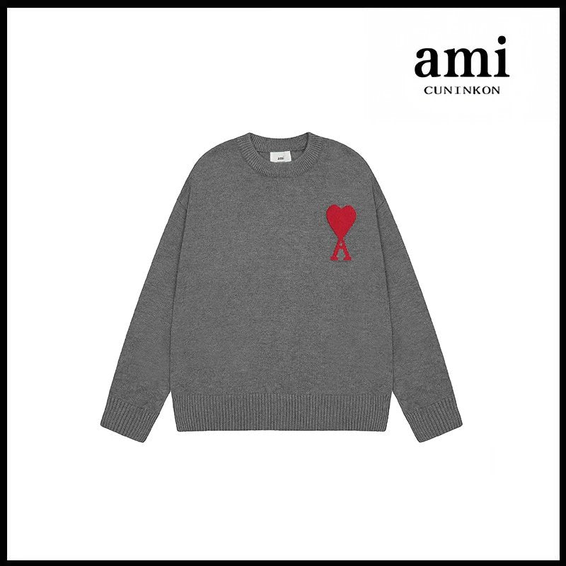 Ami Sweater Knitwear Classic round Neck Big Heart Jacquard Pullover Sweater Loose and Idle Sense Casual Couple Outfit-CY