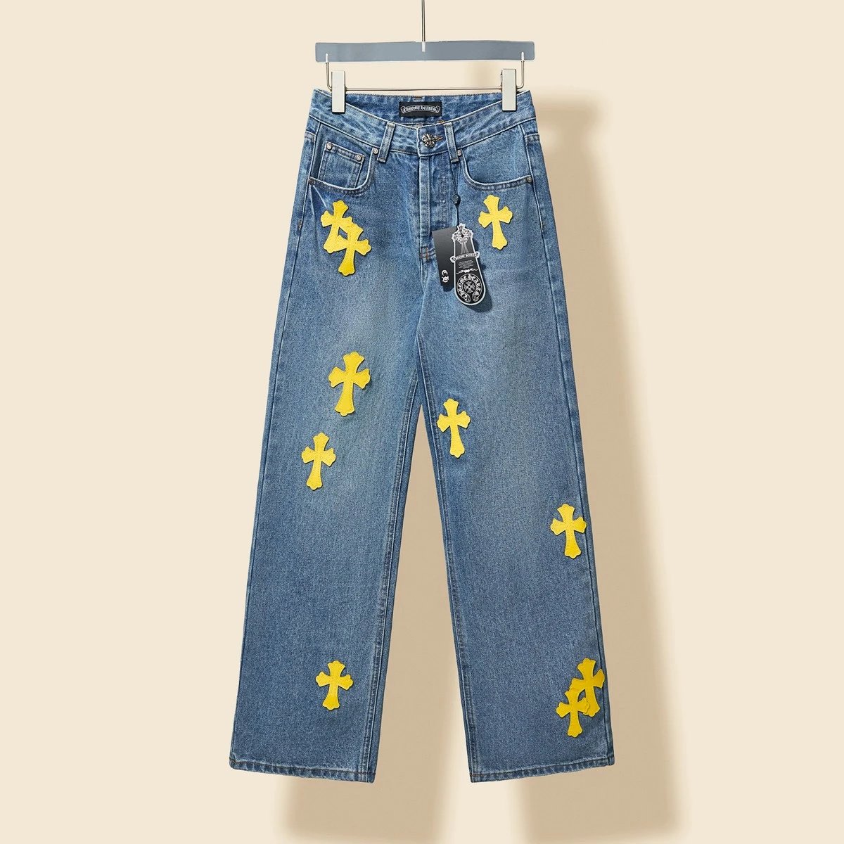 Chrome Hearts Jeans 24Classic Blue Yellow Leather Cross Denim Pants Retro Blue Unisex Couple Style Casual Versatile
