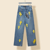 Chrome Hearts Jeans 24Classic Blue Yellow Leather Cross Denim Pants Retro Blue Unisex Couple Style Casual Versatile