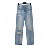 Celine Jeans Pre-cut holes in the front logo25ss Spring Summer New Straight Leg Jeans Unisex Slim Fit Long Pants Loose