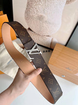 Louis Vuitton LV Belt Top version The Most New Belt4.0cm Men's Belt Metal Buckle Men's Leather Belt with Classic Presbyopic Checkered Belt with Genuine Goods Packaging
