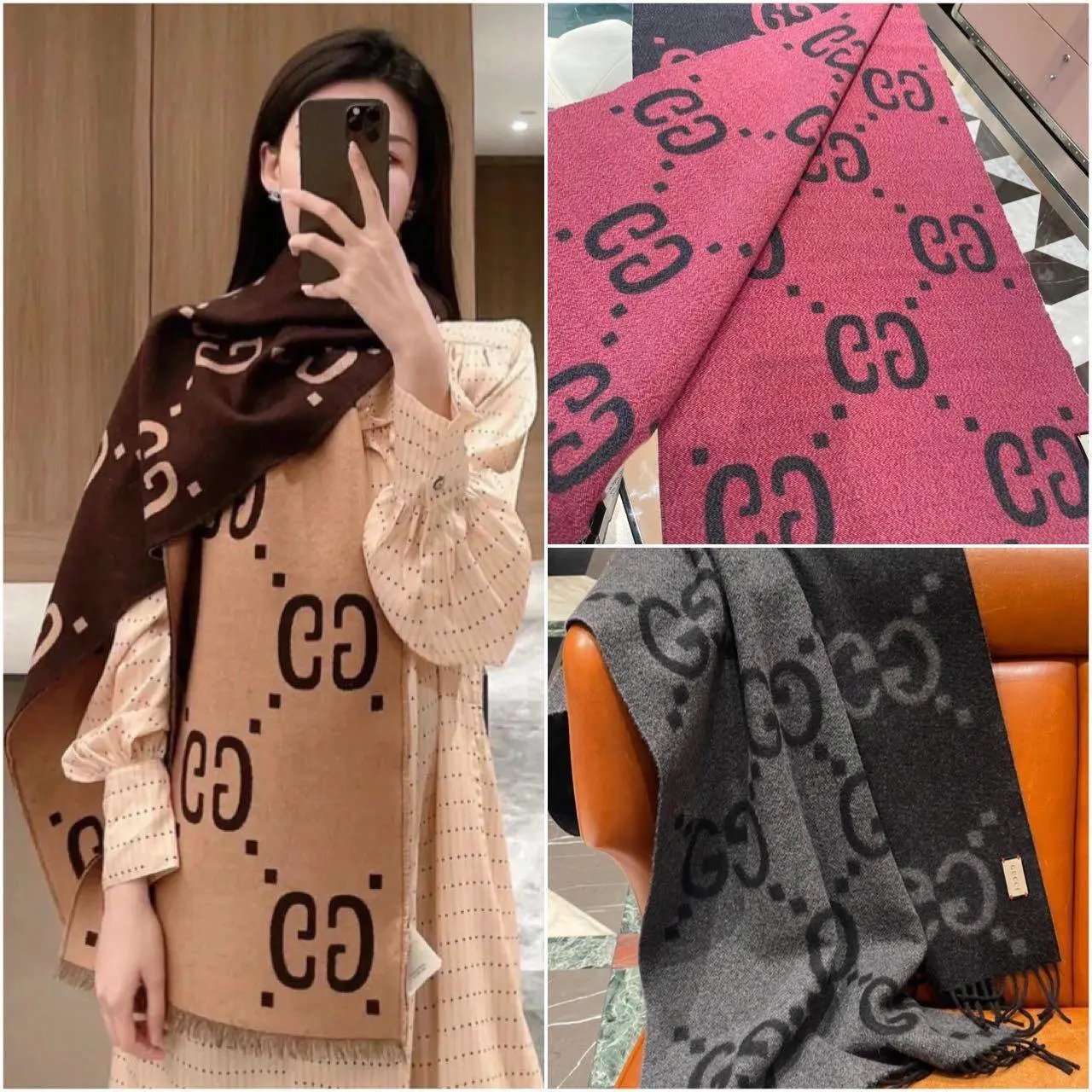 Gucci Scarf Large logo Printed Caramel Wool Silk Double-Sided Scarf Shawl Scarf