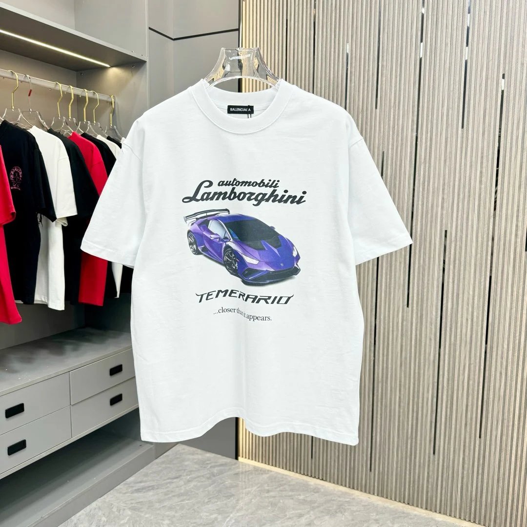 Balenciaga T-shirt Front Racing Car Print logo round Neck Short Sleeve25ss New Pure Cotton Unisex Style T Casual T-Shirt Base Layer Shirt OS Loose Fit Half Sleeve Top Plus Size