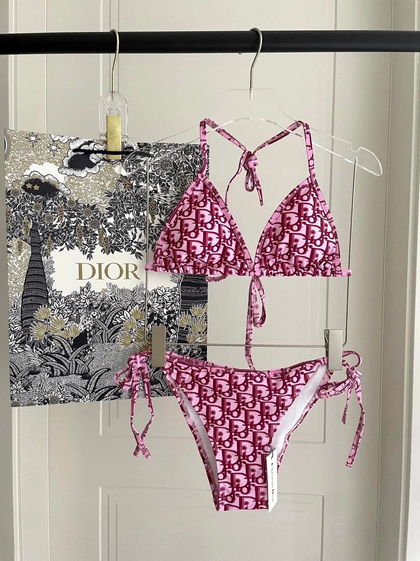 Dior Swimsuit Full-Length Letter Print Bikini Two-Piece Swimsuit Sexy Backless White Small Chest Gathered Beach Pool Women's Swimwear Vacation Hot Spring