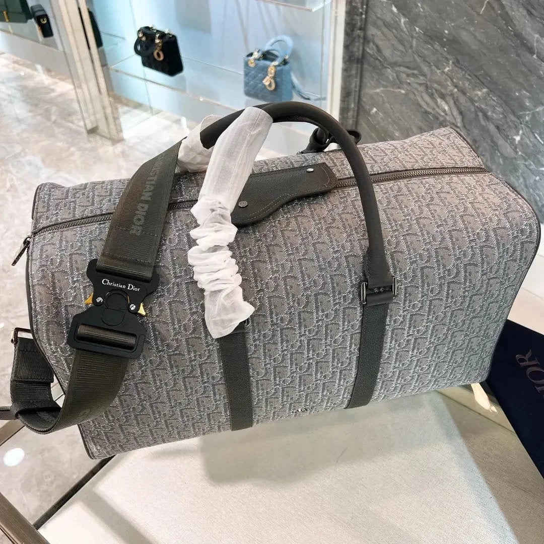 Dior Travel Bag Top version 【Original Genuine Goods Leather】New Lingot50Handbag50cm Travel Bag Large Capacity Business Traveling Luggage Bag Gym Bag Portable Travel Bag Men's and Women's Bags New Gray Presbyopic Travel Bag