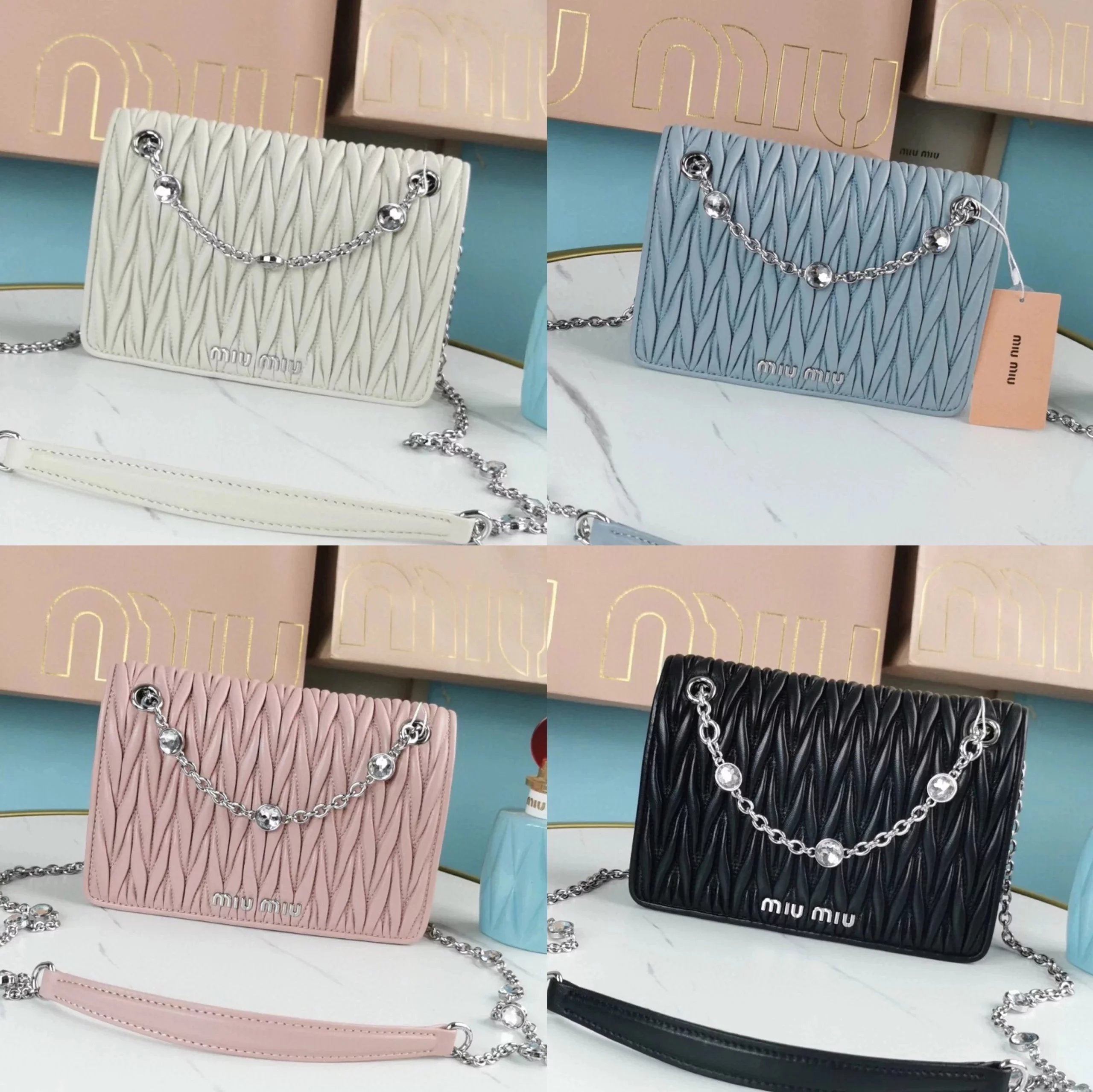 Miu Miu Bag Top version Women's Bag22New Arrival Classic Pleated Lambskin Diamond Crystal Chain Underarm Bag One Shoulder Women's Crossbody Handbag