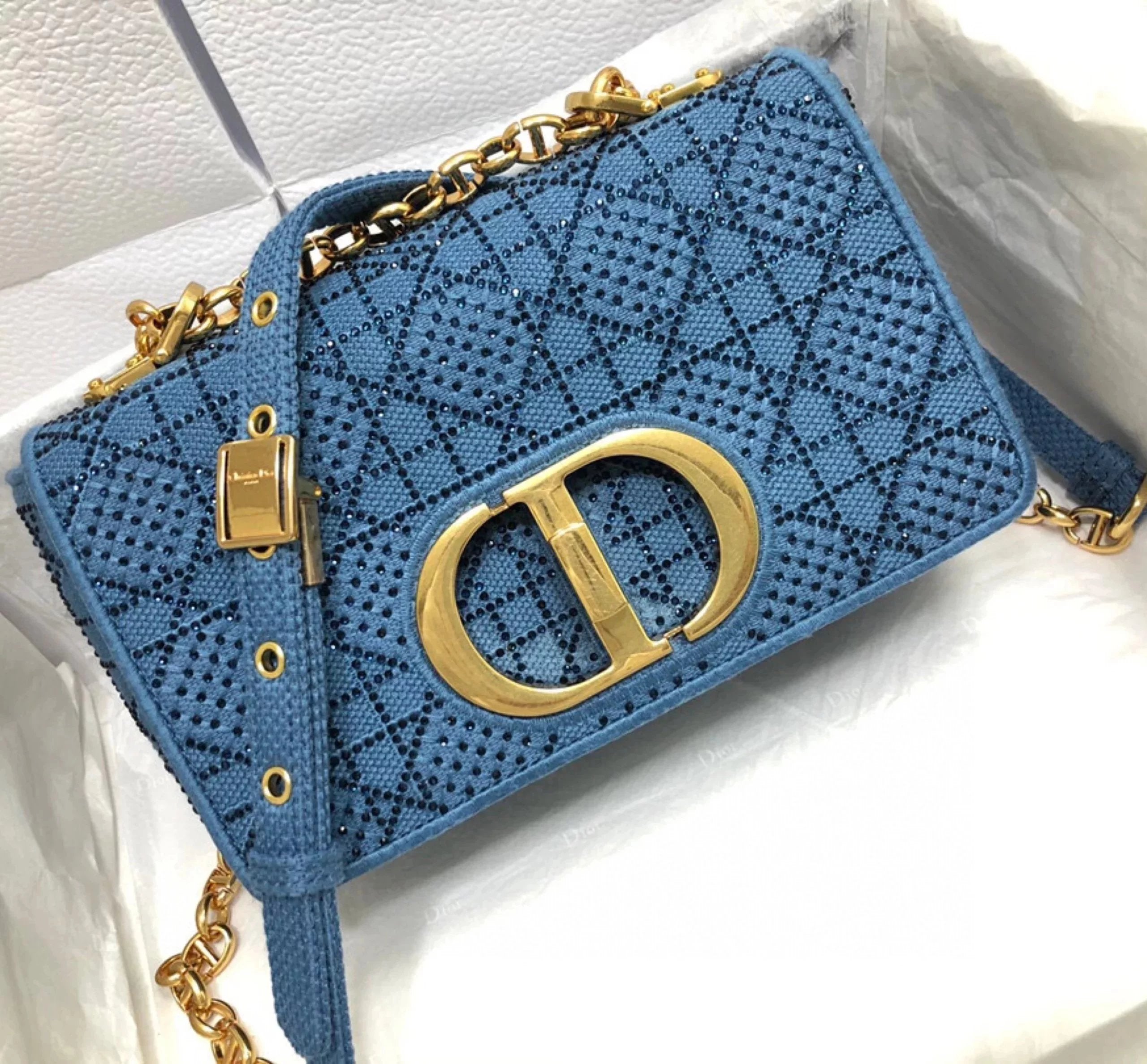 Dior Women's Bag Top version Women's Bag Embroidery Denim Blue Diamond caro Handbag Flip Chain Bag Shoulder Crossbody Women's Small Size Bag