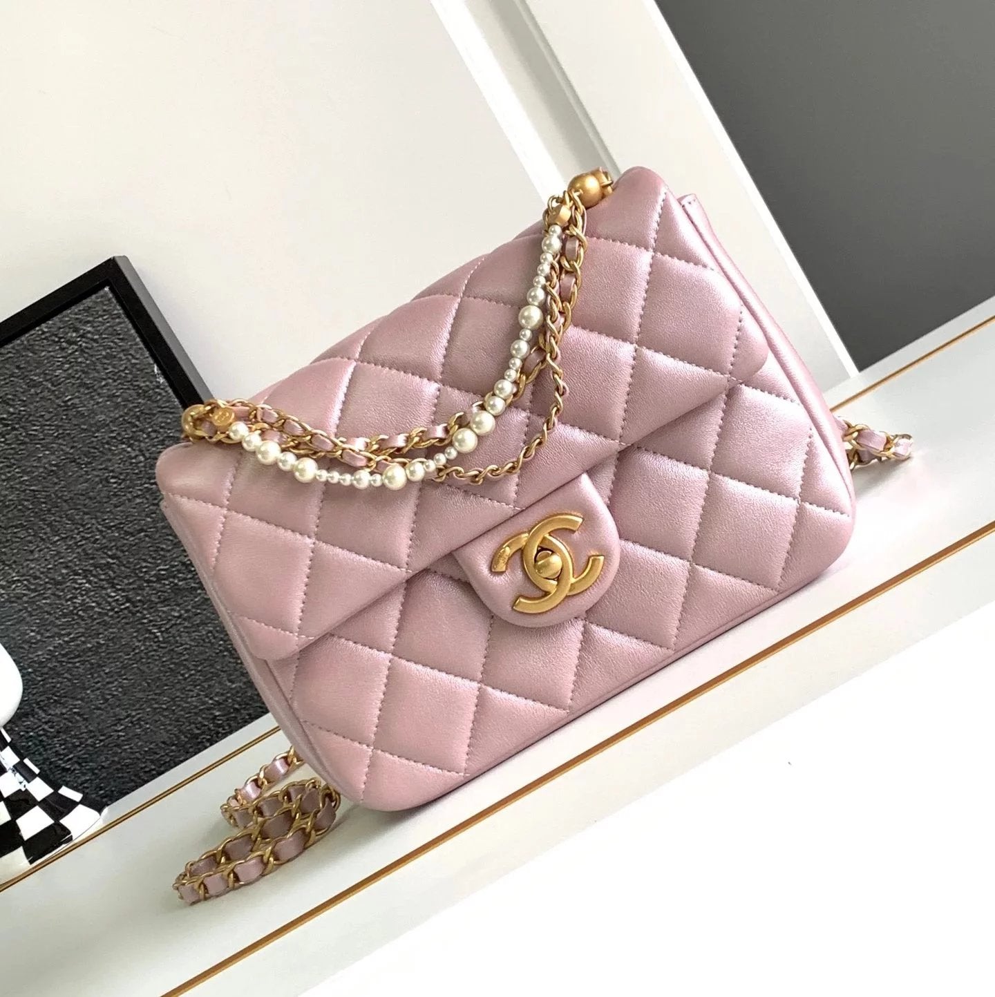 Chanel Women's Bag Top version 【Original Leather**】C Jia Nai Jia24P Early Spring New Pearl Flap Bag Pearl CF Square Fat Bag Genuine Leather Ladies Women's Bags Trendy Hot Sale Women's Bag Home Pearl Bag Pearl CF Package Pearl Chain Bag