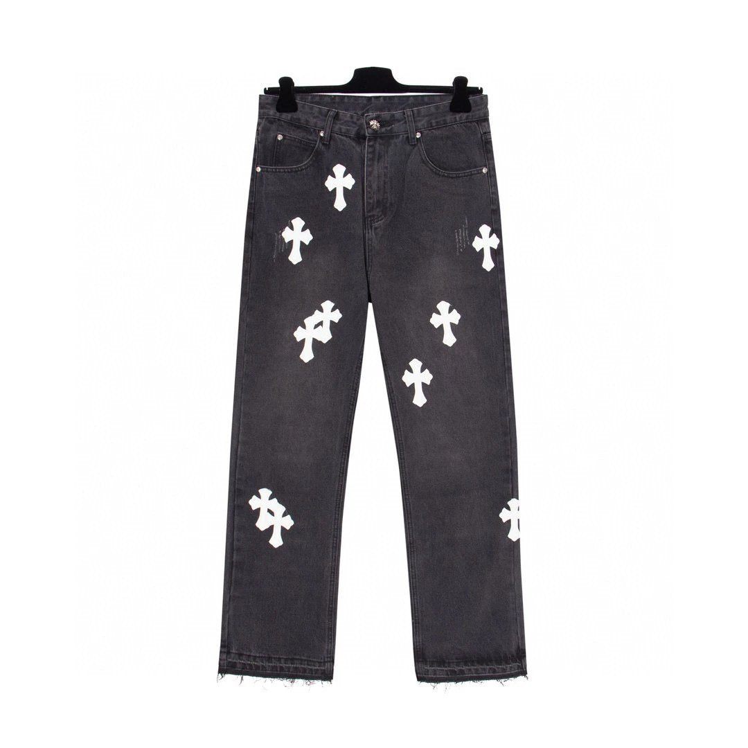 Chrome Hearts Jeans Front and back white cross-stitched leather logo25ss Spring Summer New Straight Slim Fit Jeans Unisex Loose Fit Long Pants
