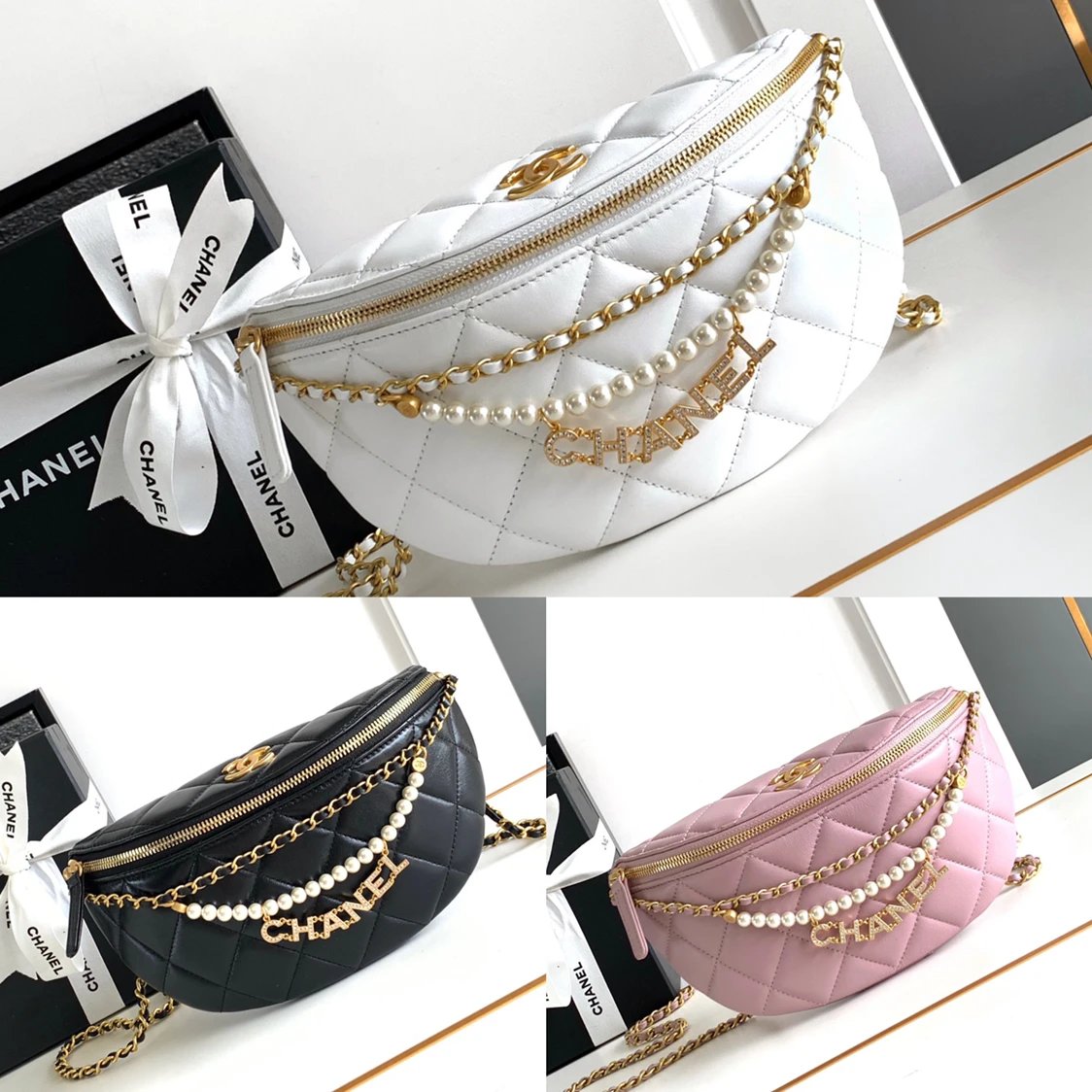 Chanel Women's Bag Top version 【Original Version】/24A Pearl Chain Chest Bag Pearl Waist Bag Letter Pendant Pearl Chain Chain Waist Bag Chest Bag Shoulder Bag Women's Chest Bag AS4991